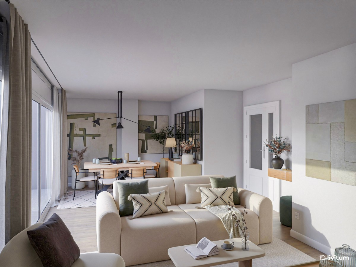 Salón comedor moderno e industrial con muebles y accesorios en negro