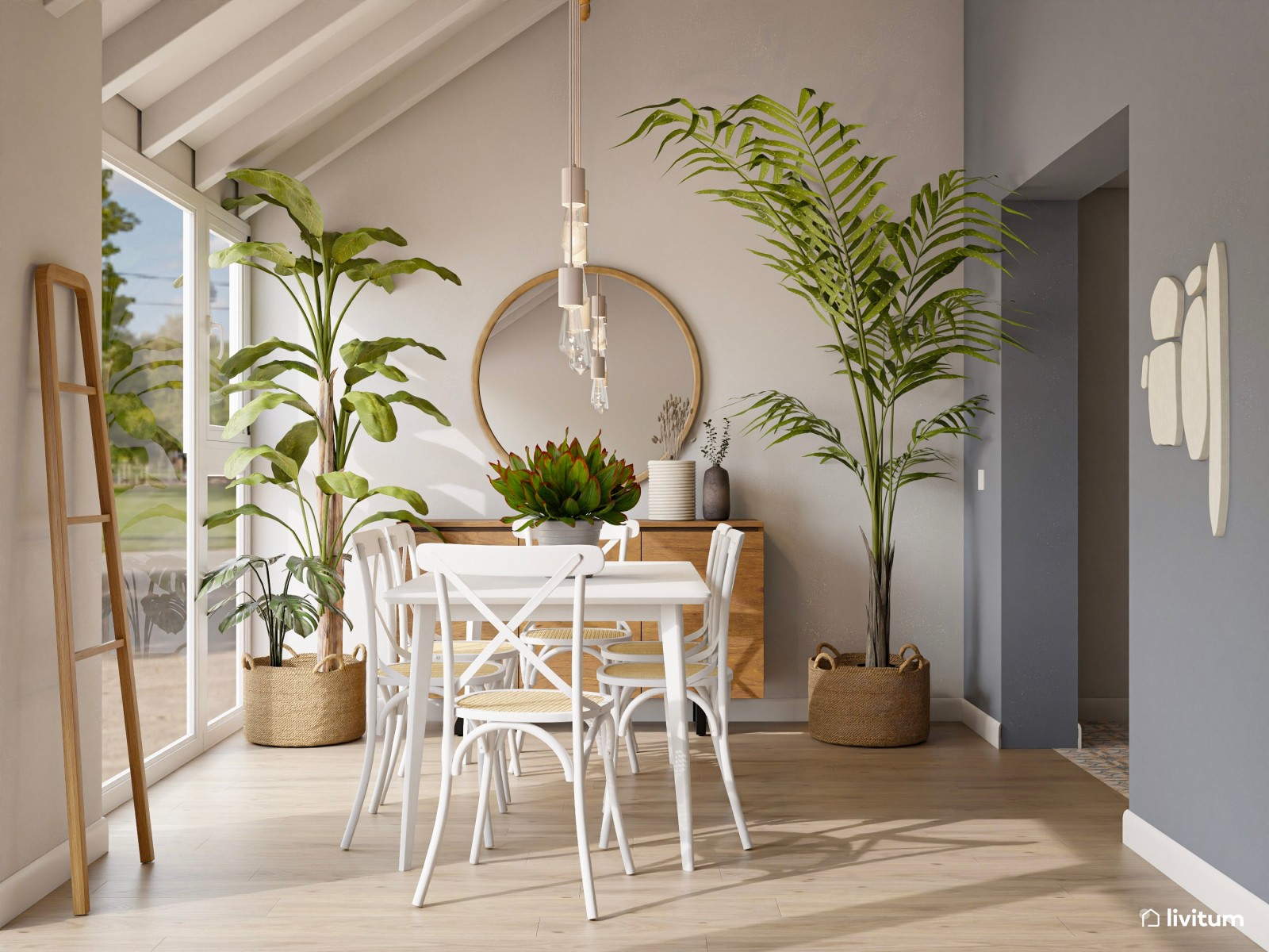 Salón comedor moderno en azul índigo, blanco y gris