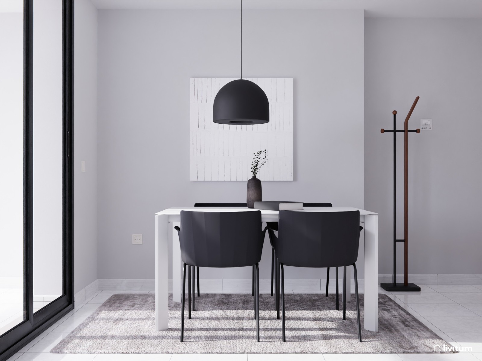 Salón comedor moderno en blanco y gris 