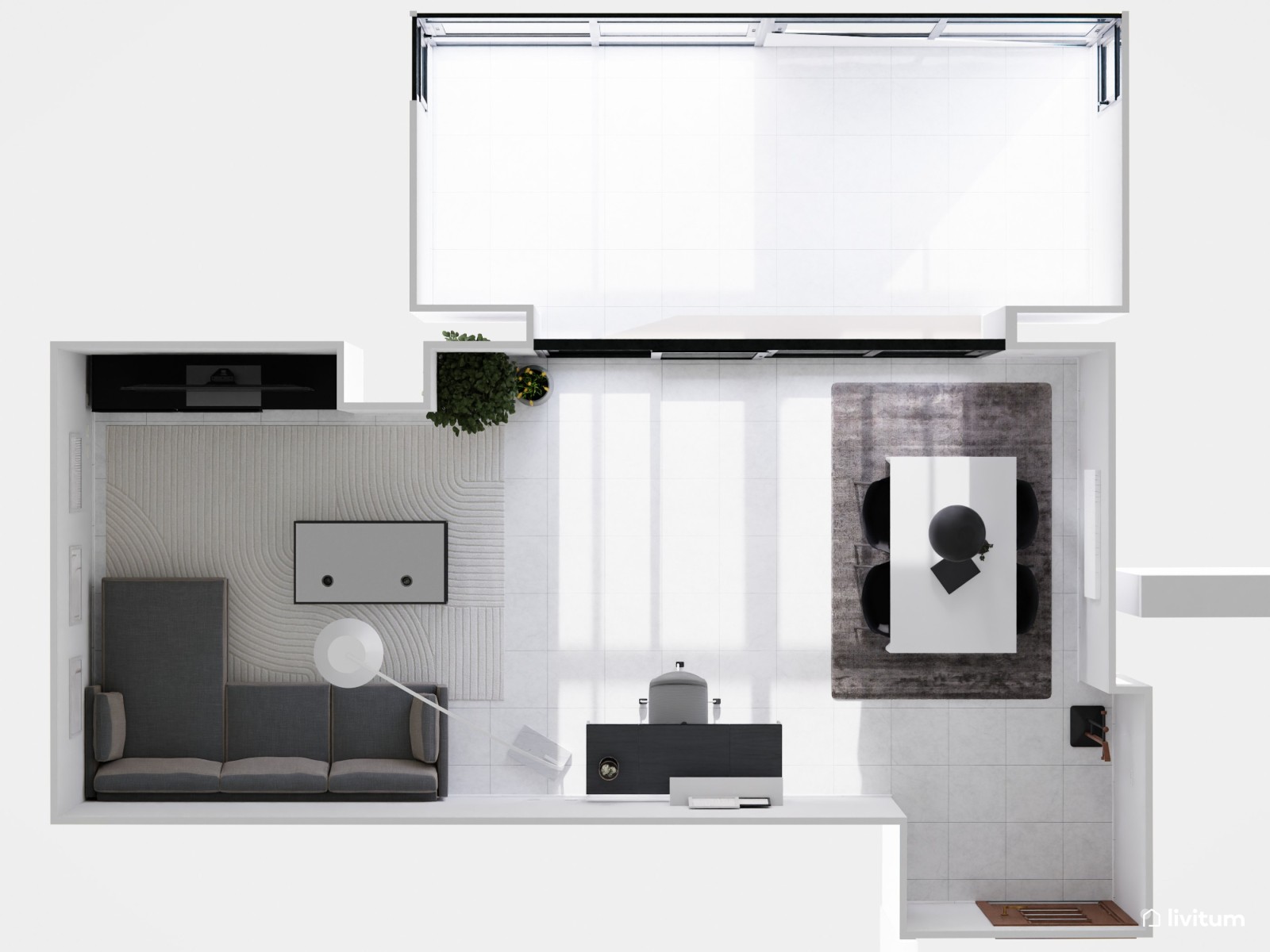 Salón comedor moderno en blanco y gris 