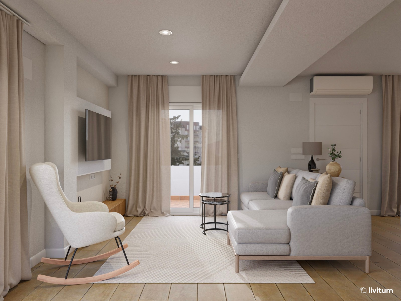 Salón comedor moderno en greige con estanterías de obra
