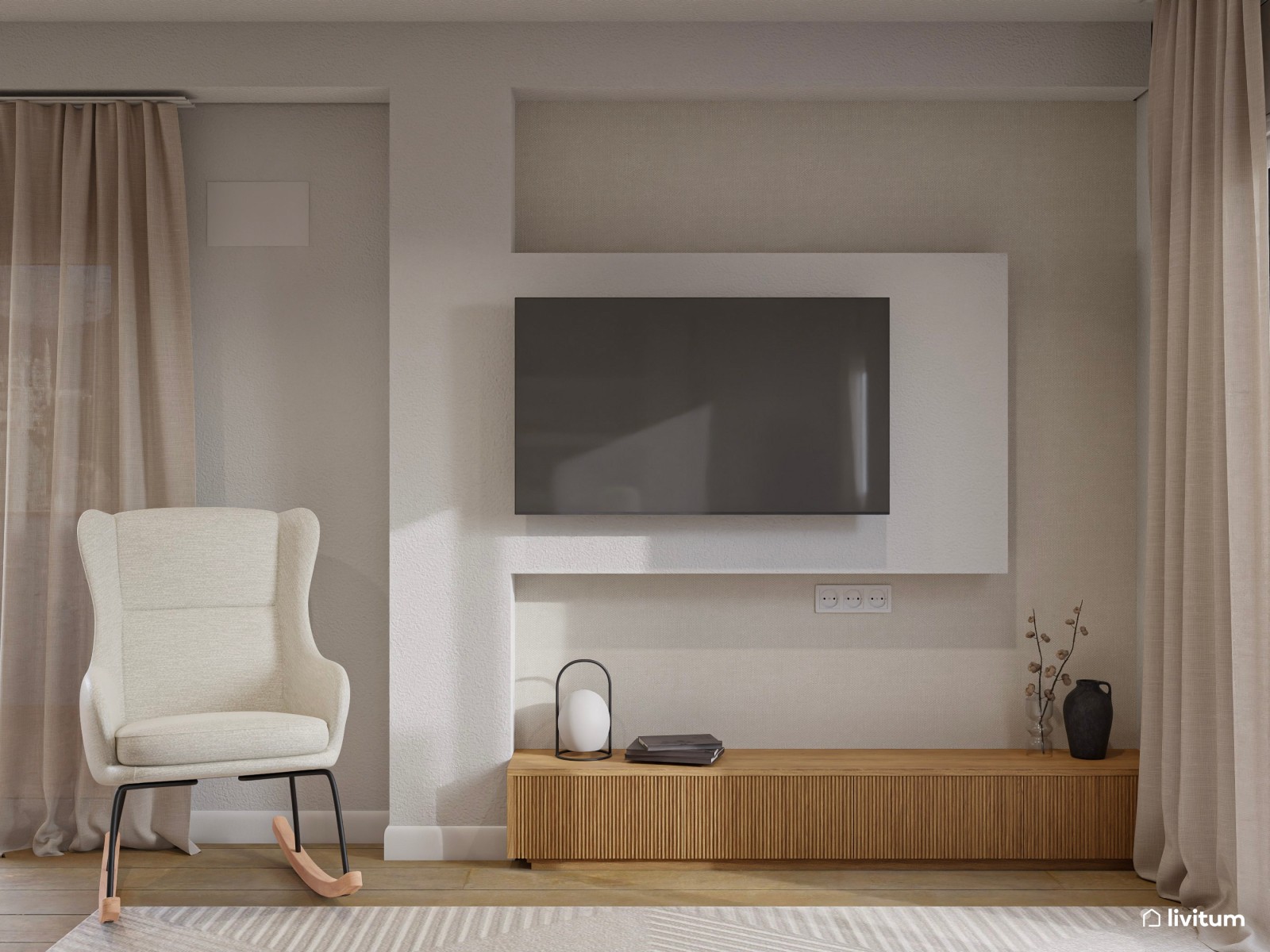 Salón comedor moderno en greige con estanterías de obra