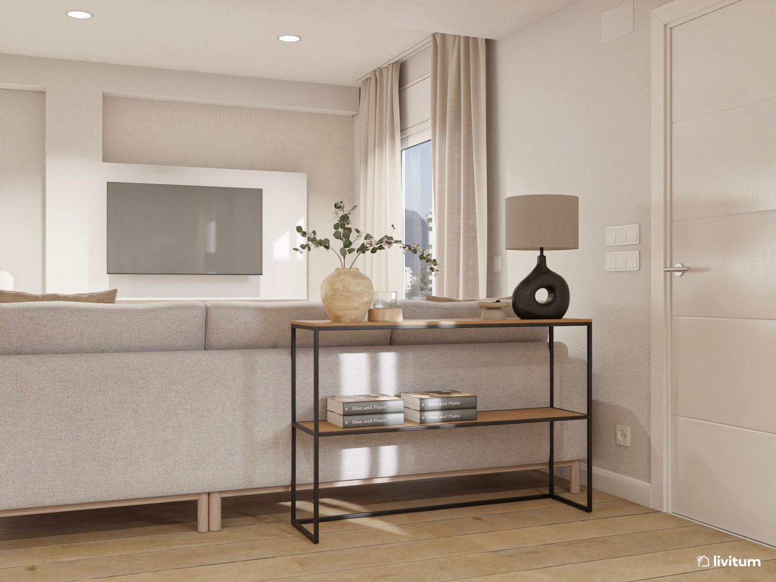 Salón comedor moderno en greige con estanterías de obra