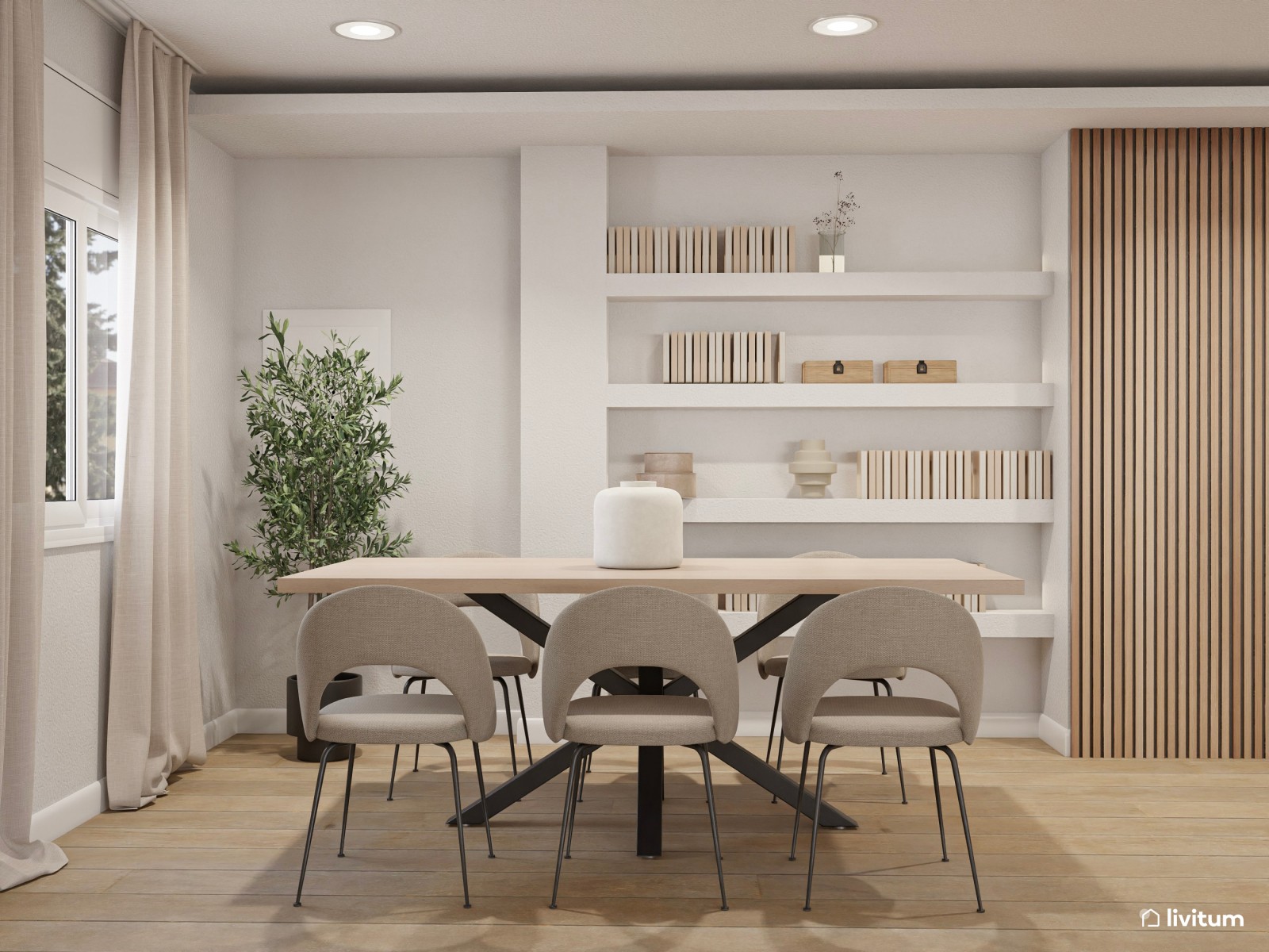 Salón comedor moderno en greige con estanterías de obra