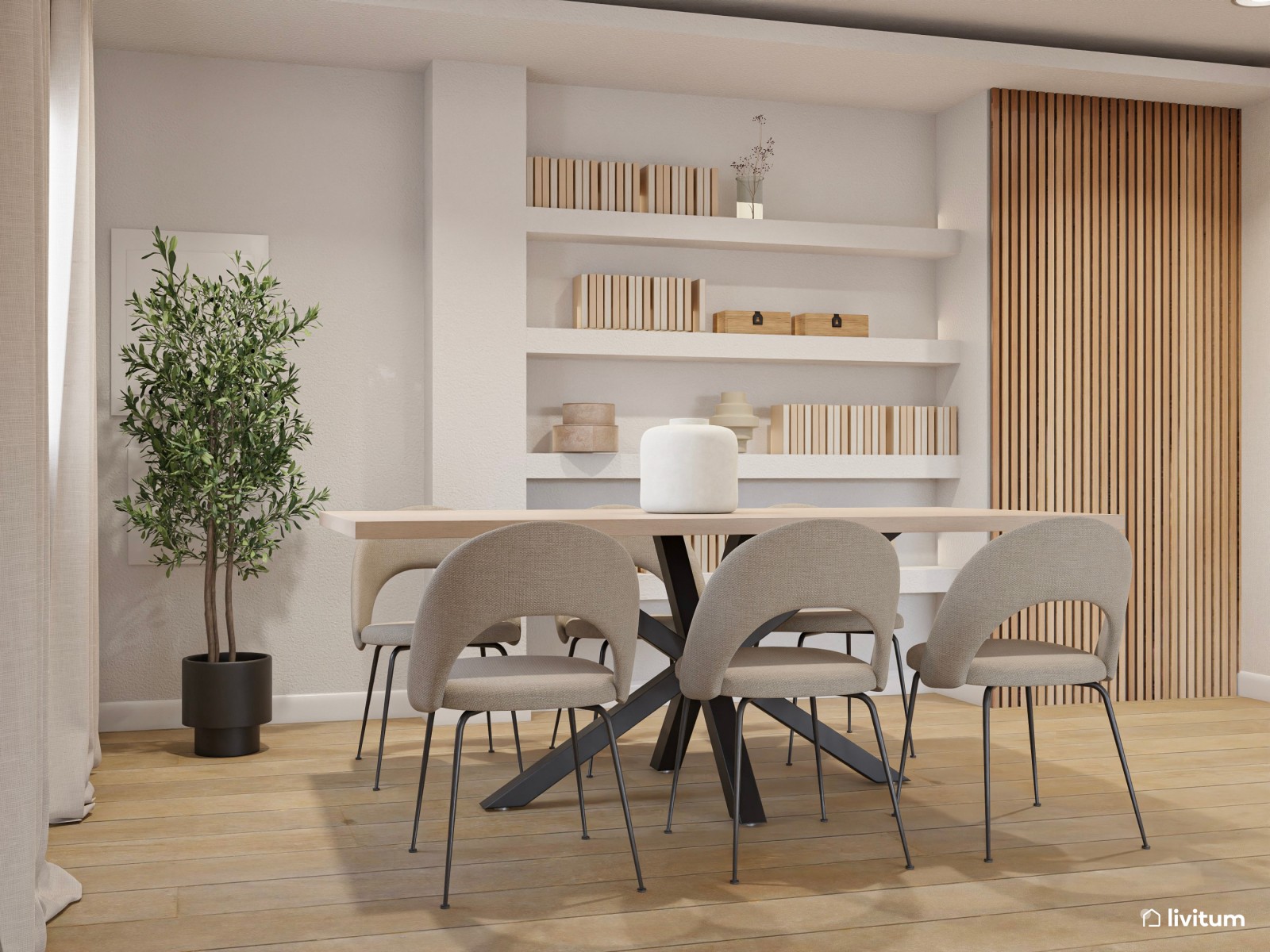 Salón comedor moderno en greige con estanterías de obra