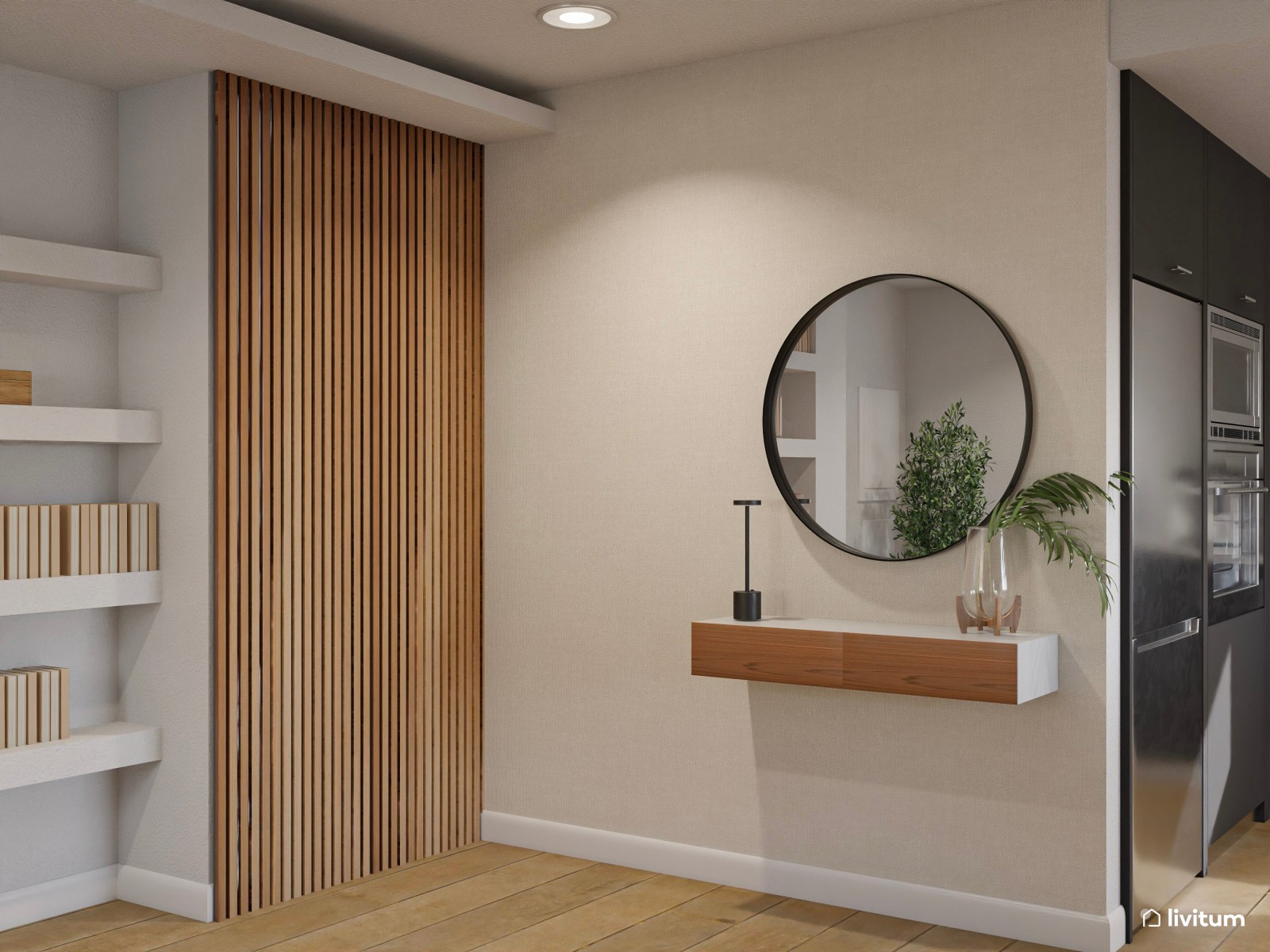 Salón comedor moderno en greige con estanterías de obra