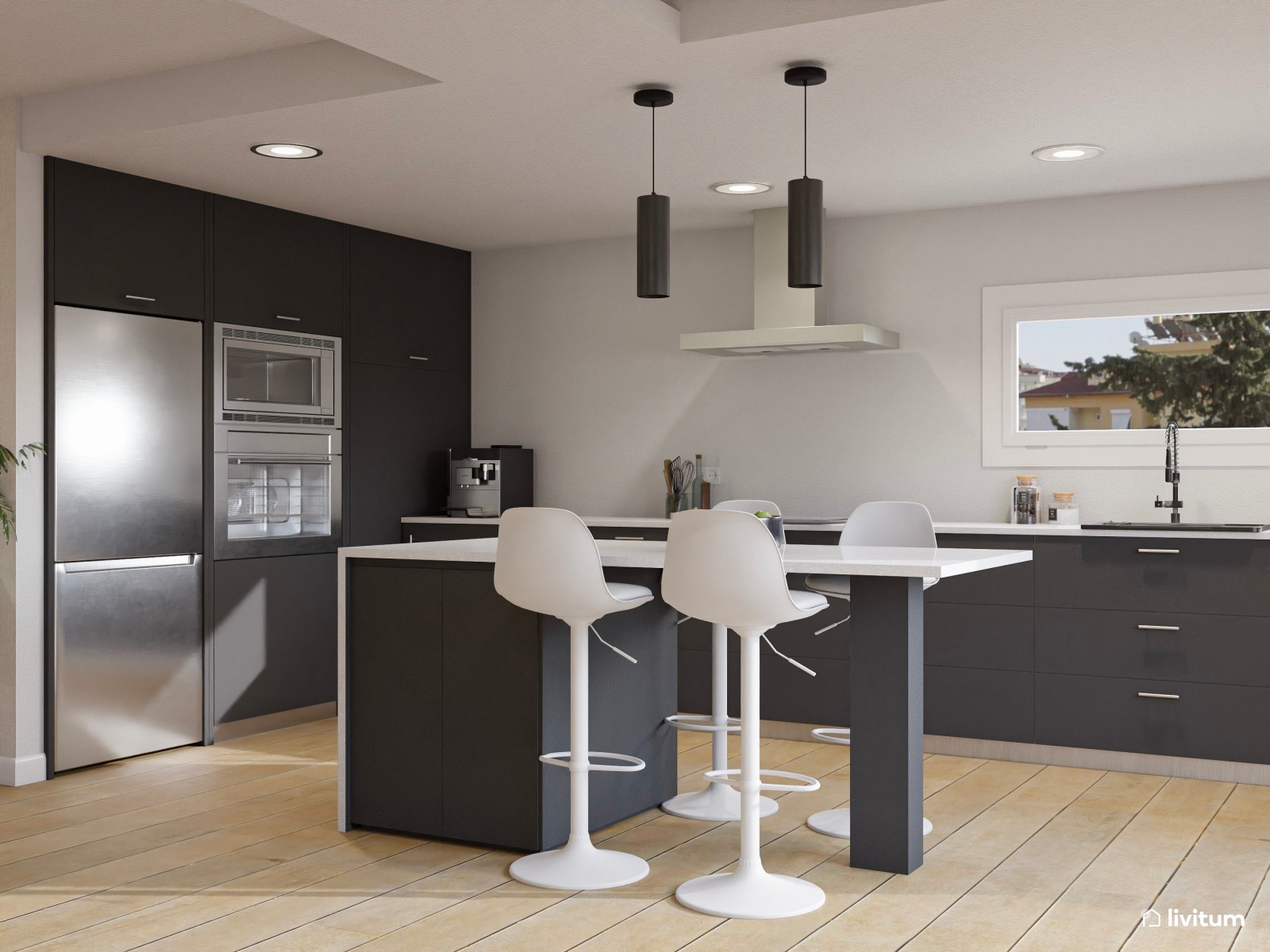 Salón comedor moderno en greige con estanterías de obra