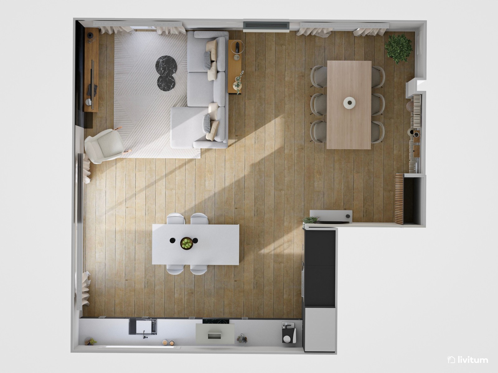 Salón comedor moderno en greige con estanterías de obra