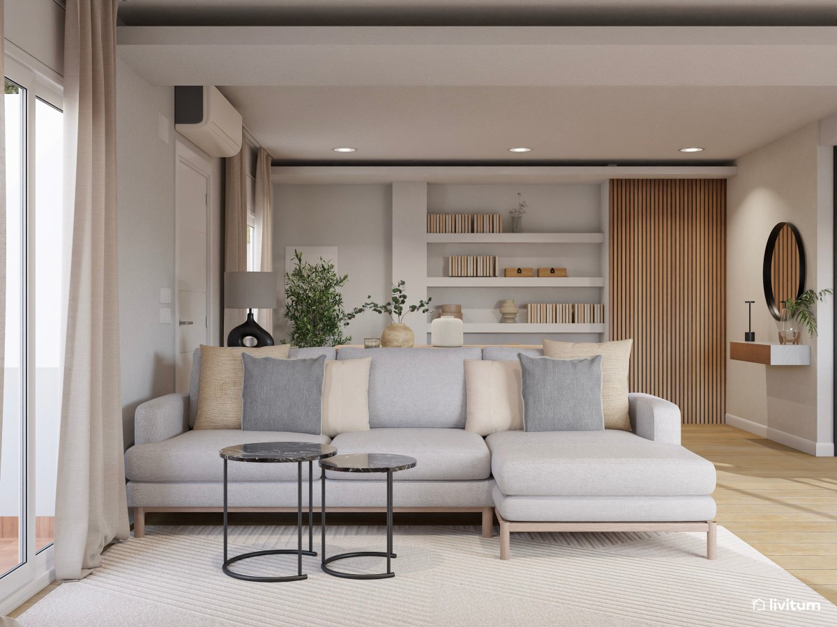 Salón comedor moderno en greige con estanterías de obra