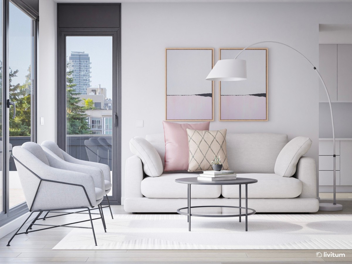 Salón comedor moderno en gris y rosa