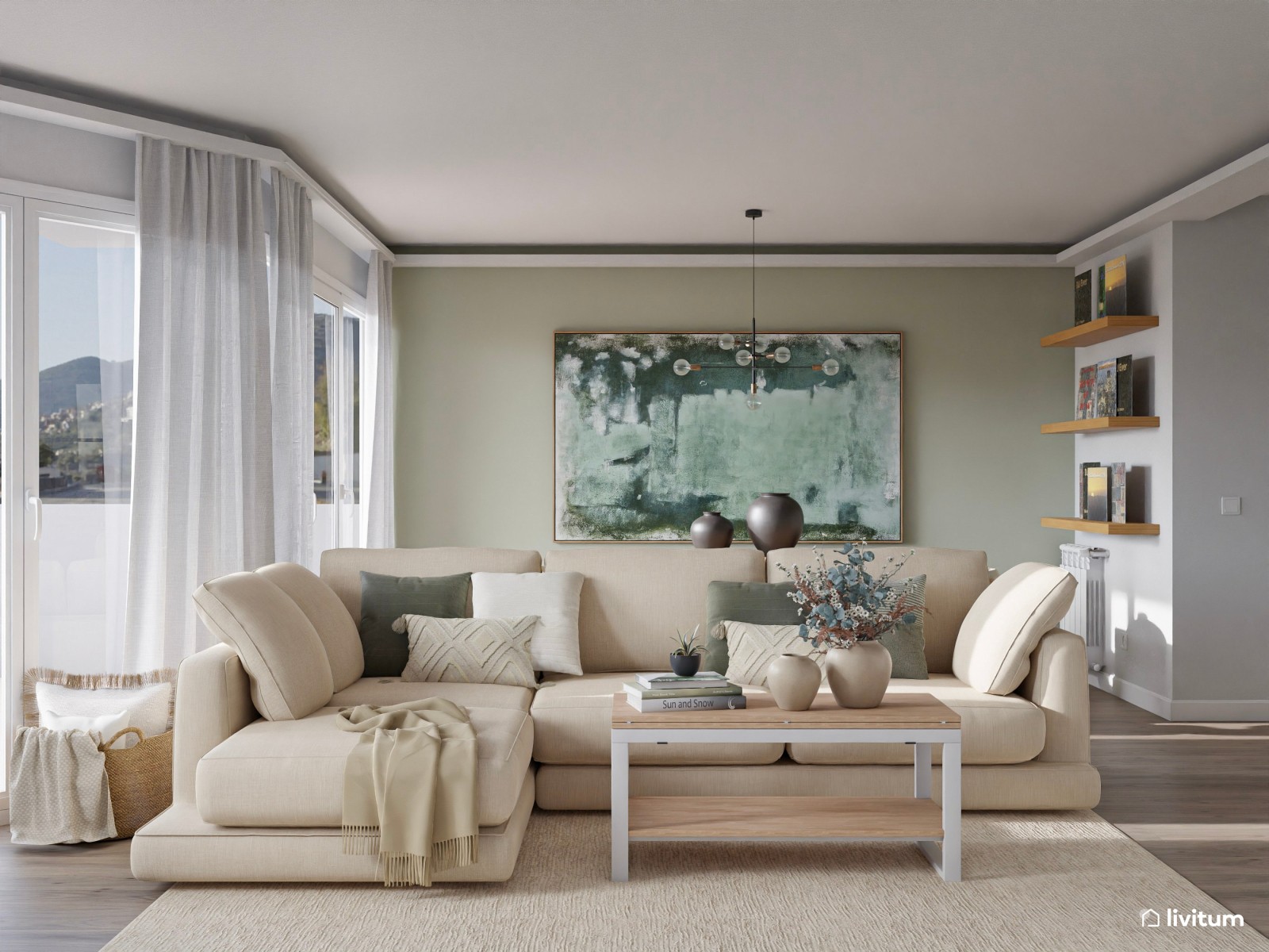 Salón comedor moderno en madera y tonos beige y verde 