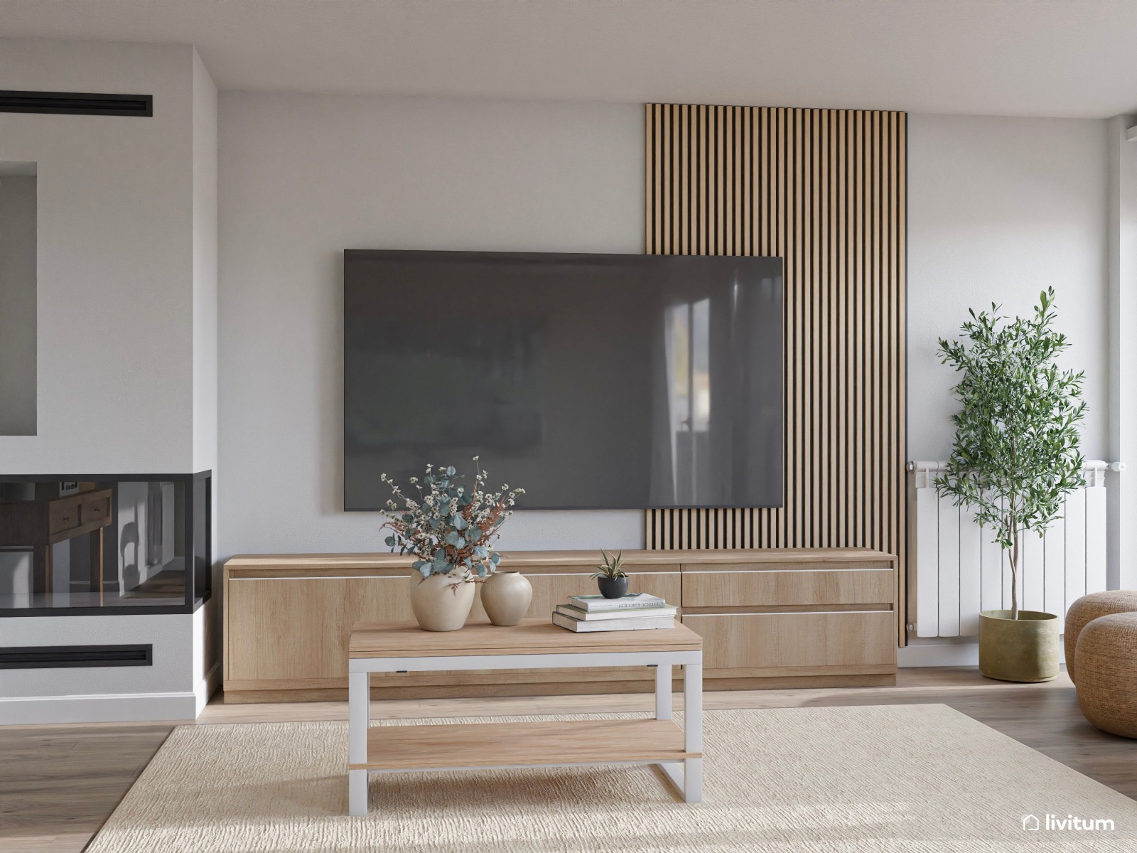 Salón comedor moderno en madera y tonos beige y verde 