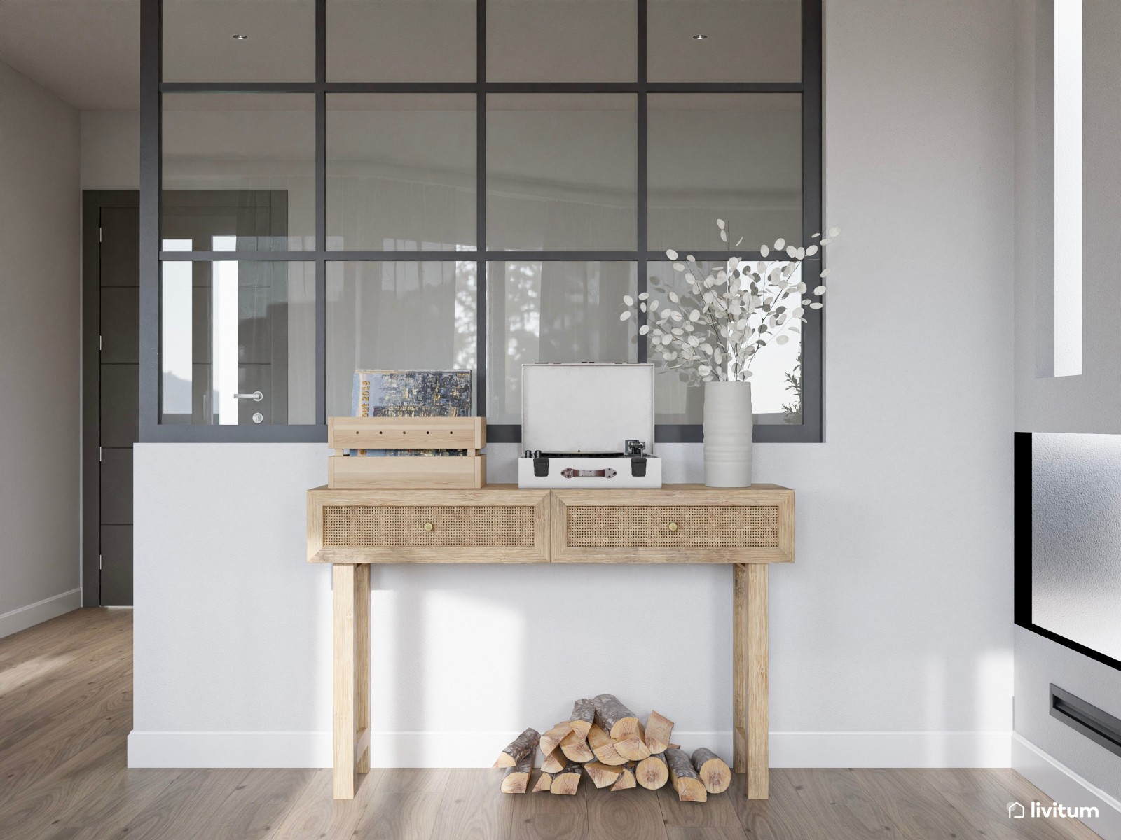Salón comedor moderno en madera y tonos beige y verde 