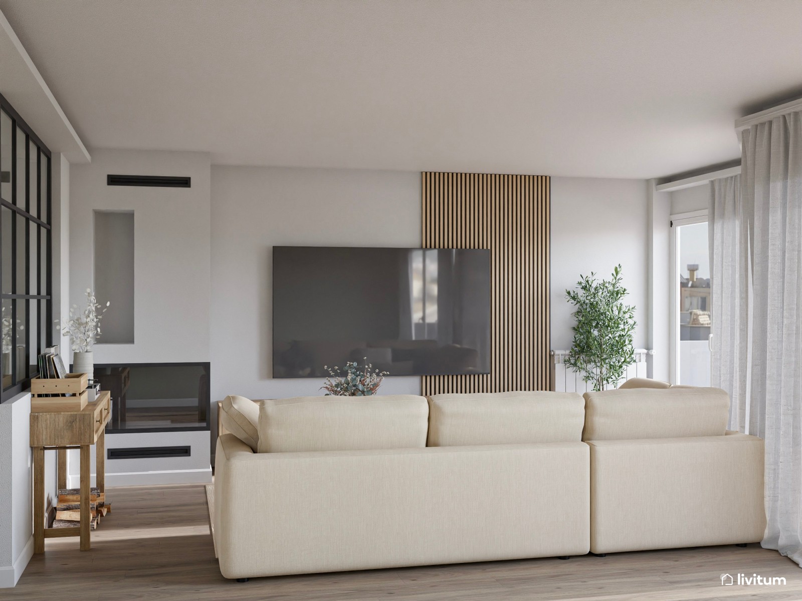 Salón comedor moderno en madera y tonos beige y verde 