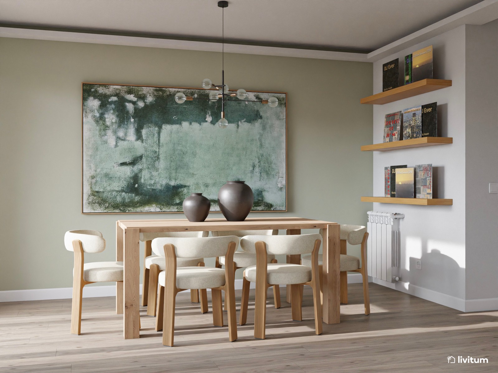 Salón comedor moderno en madera y tonos beige y verde 