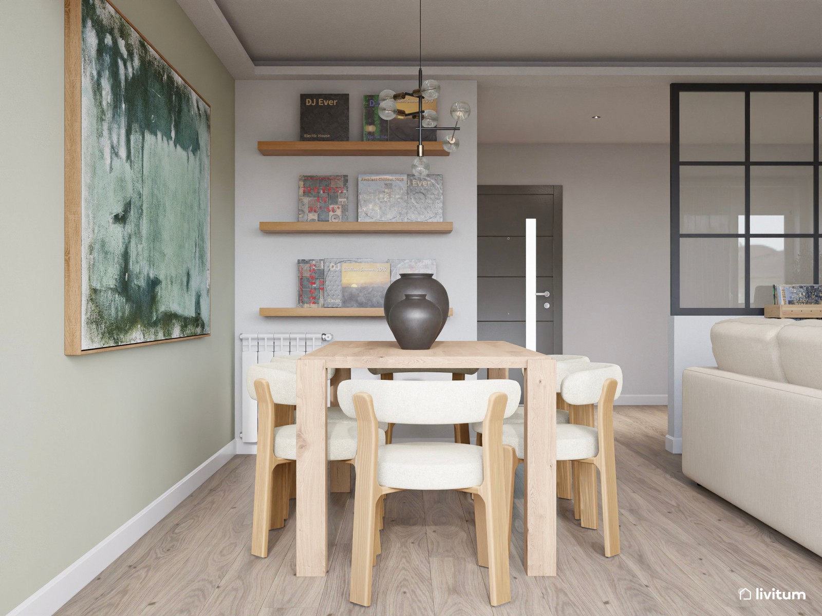 Salón comedor moderno en madera y tonos beige y verde 