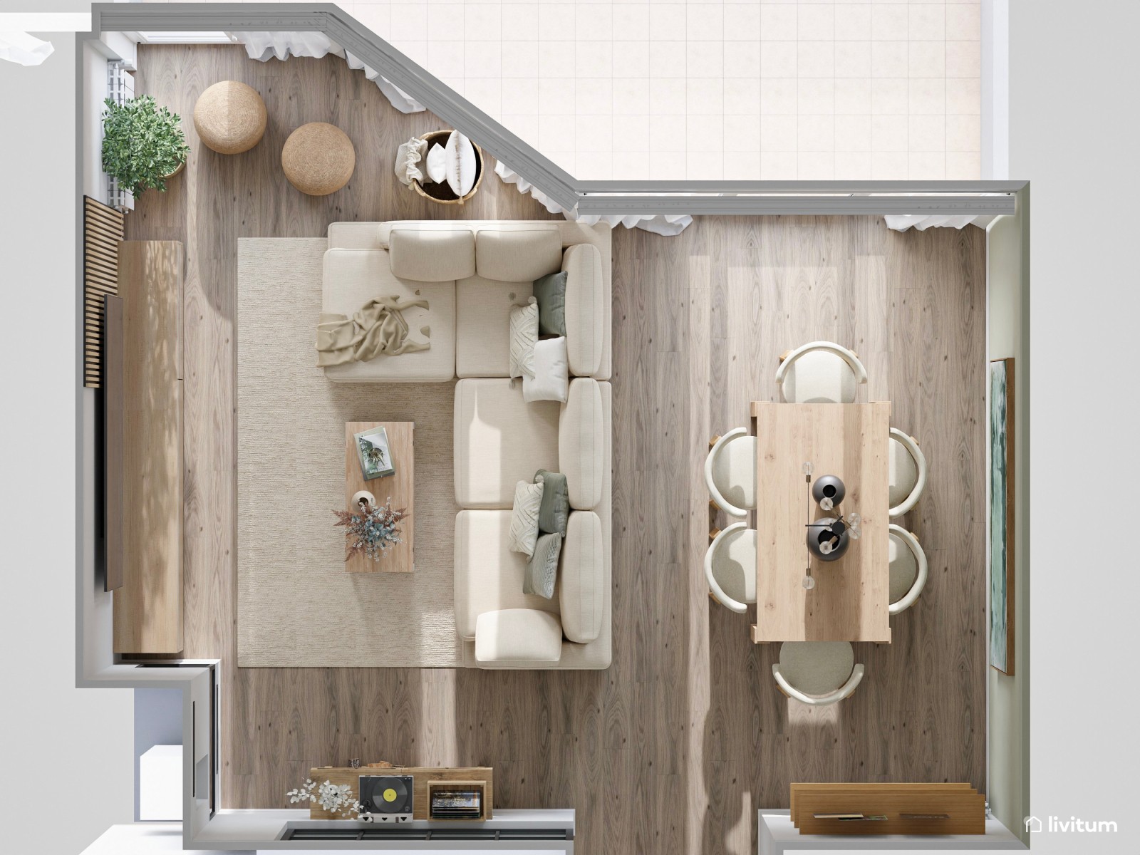 Salón comedor moderno en madera y tonos beige y verde 