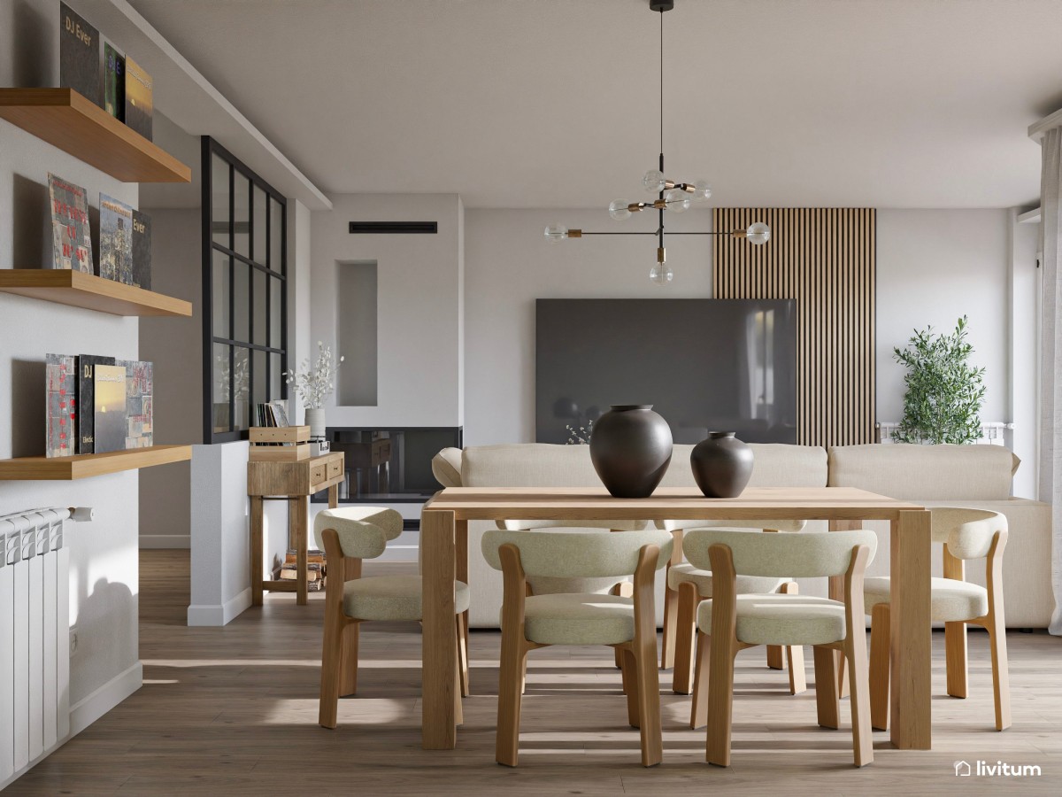 Salón comedor moderno en madera y tonos beige y verde 