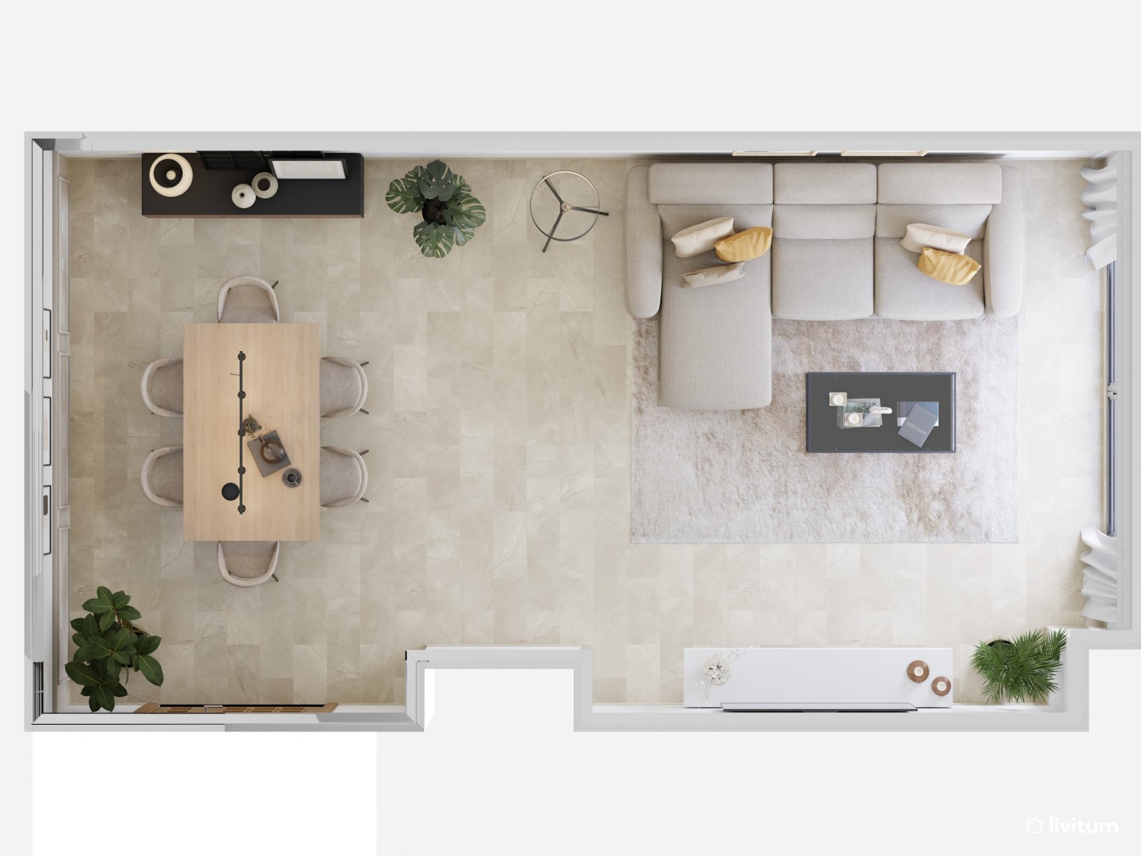 Salón comedor moderno en negro, beige y madera
