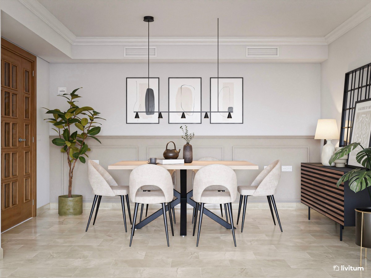 Salón comedor moderno en negro, beige y madera