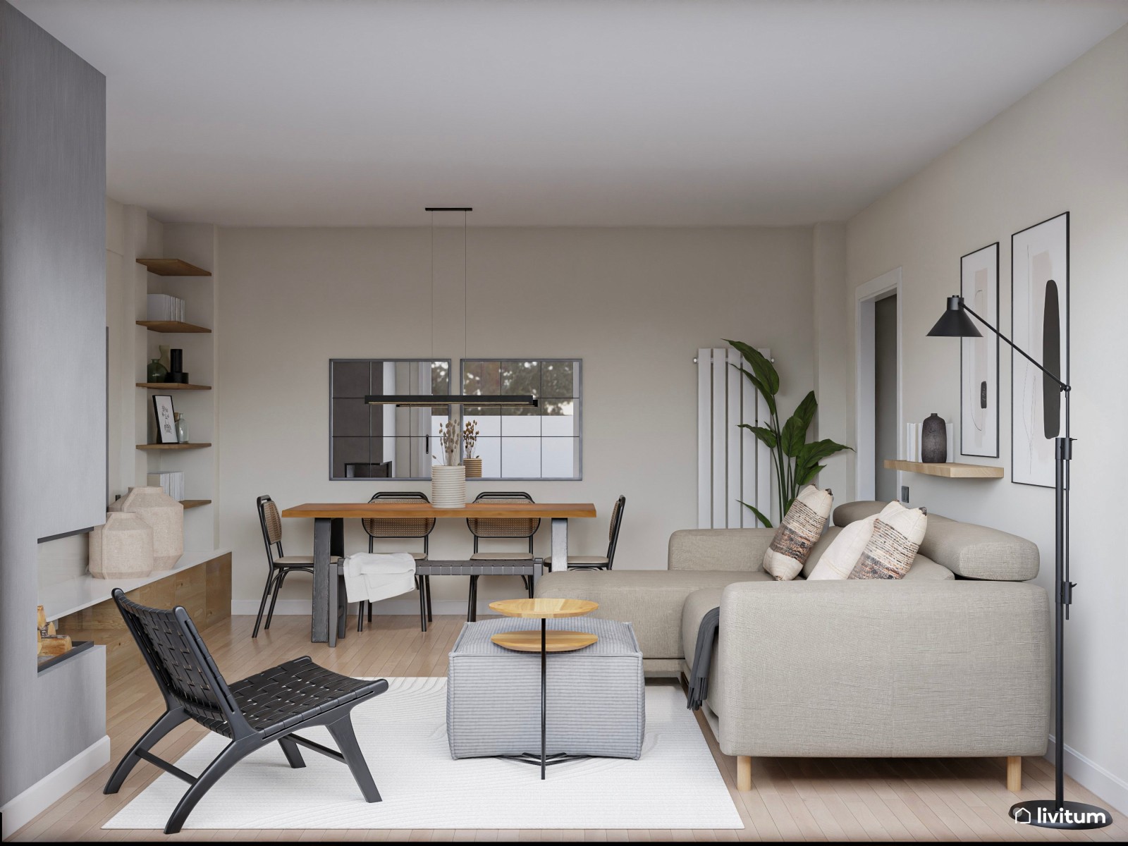 Salón comedor moderno en tonos neutros con toques grises