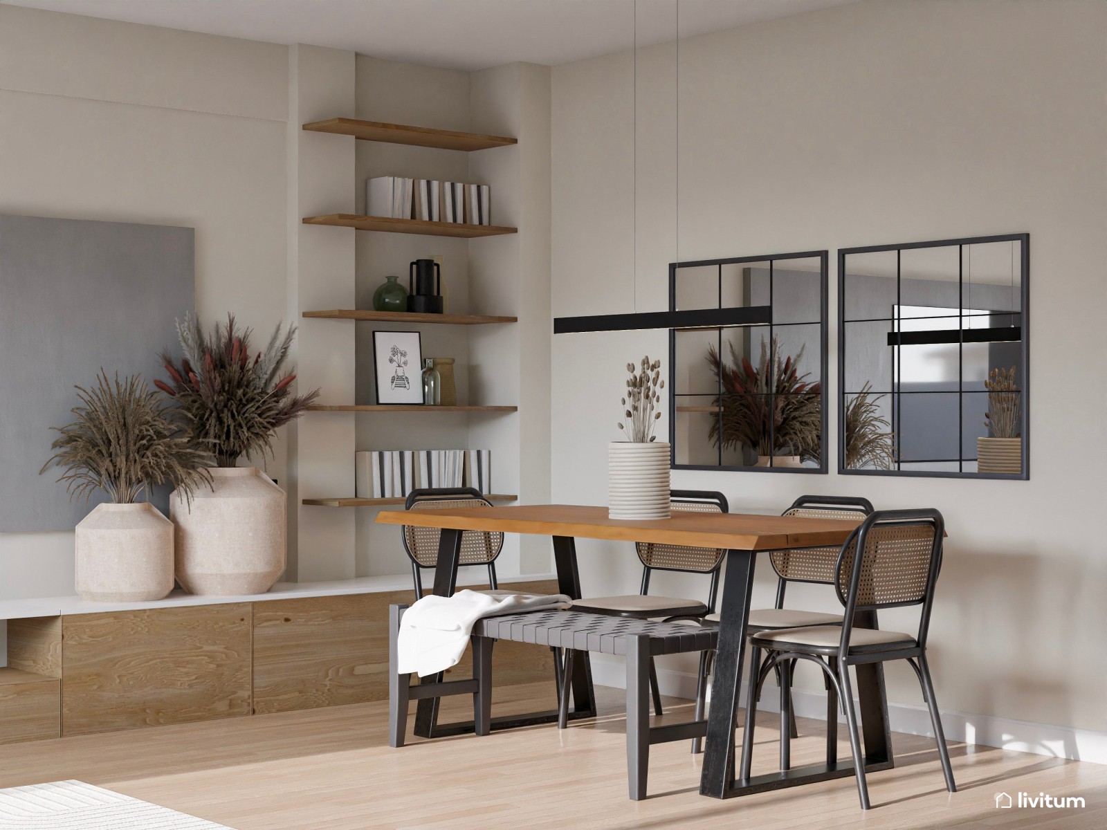Salón comedor moderno en tonos neutros con toques grises