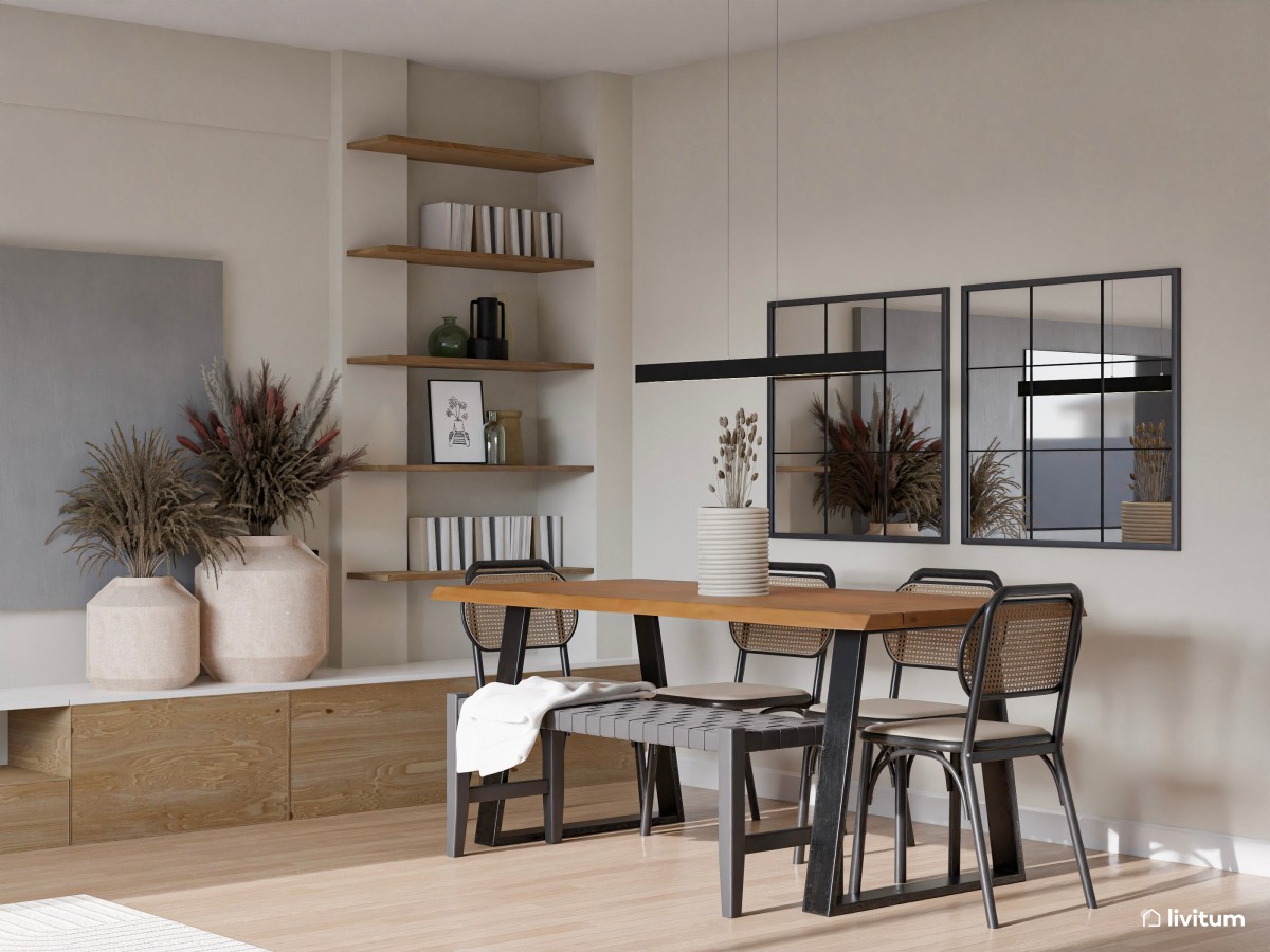 Salón comedor moderno en tonos neutros con toques grises