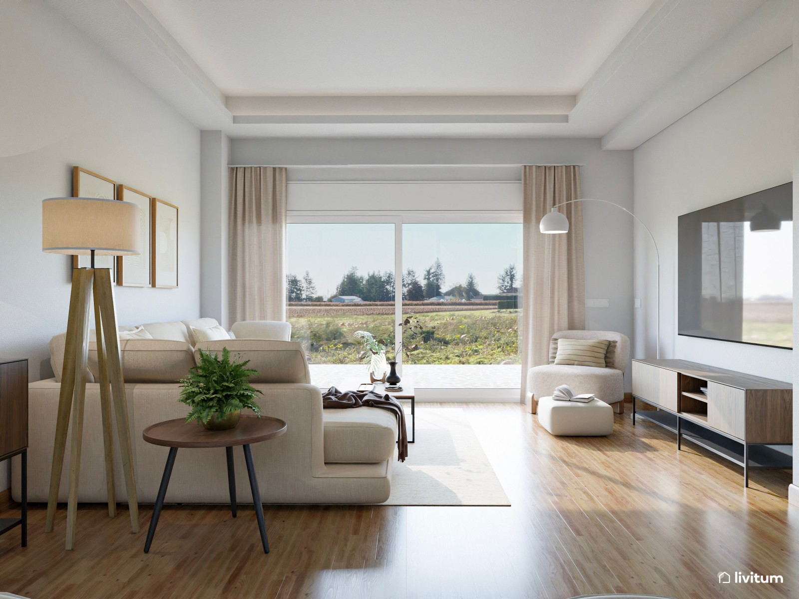 Salón comedor moderno en tonos sobrios y elegantes con muebles de madera oscura