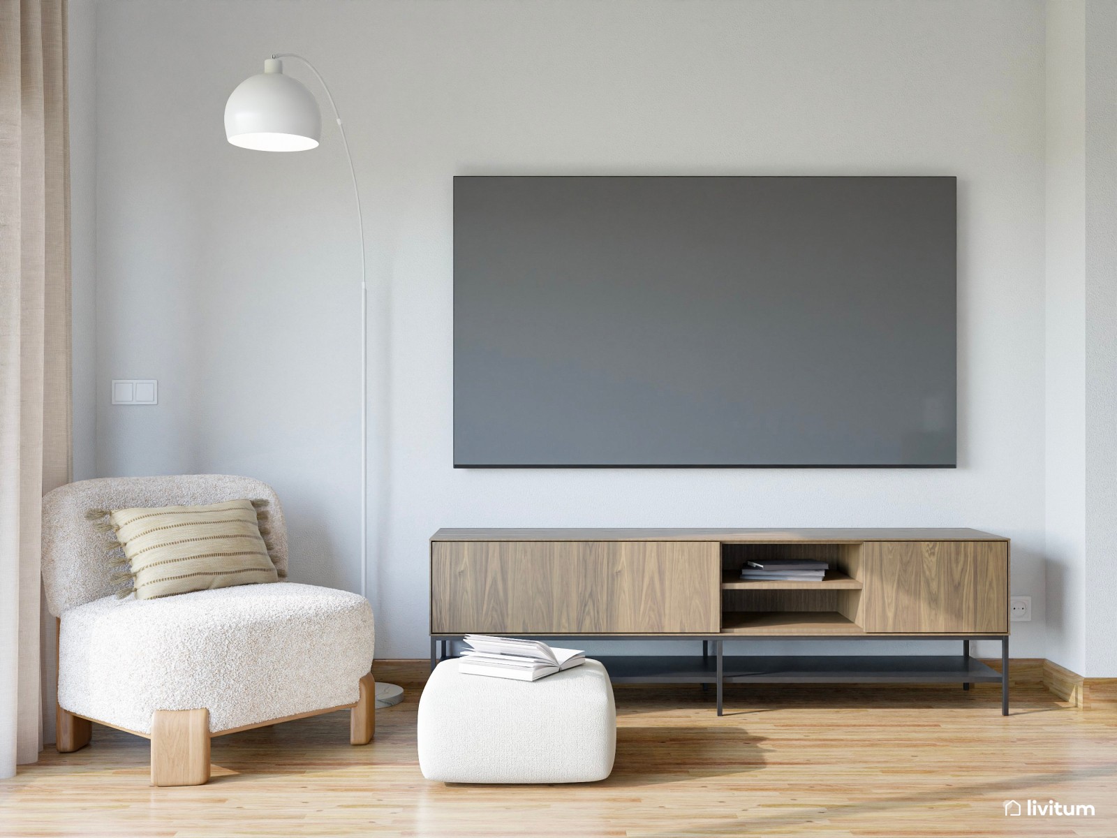 Salón comedor moderno en tonos sobrios y elegantes con muebles de madera oscura