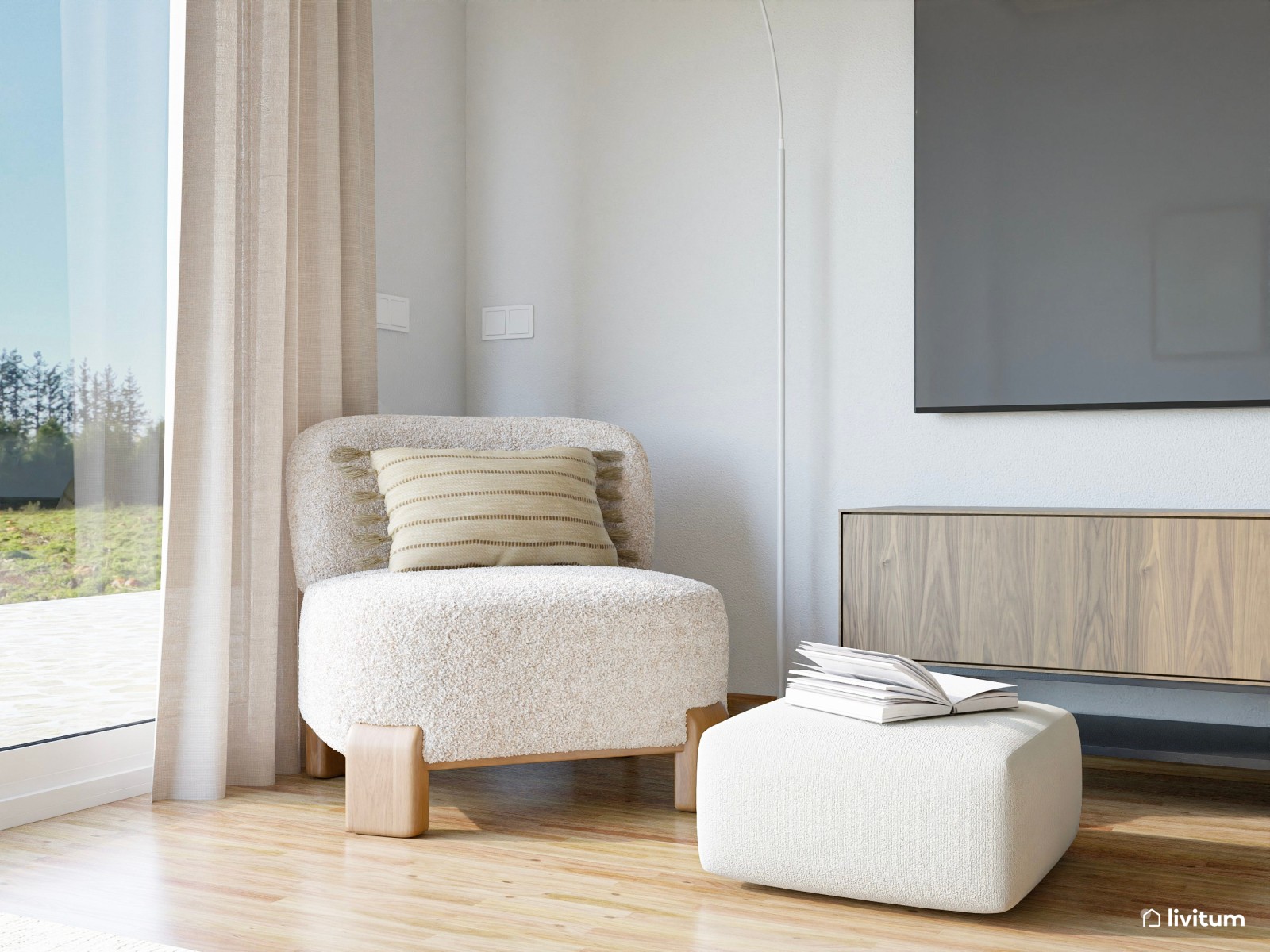 Salón comedor moderno en tonos sobrios y elegantes con muebles de madera oscura