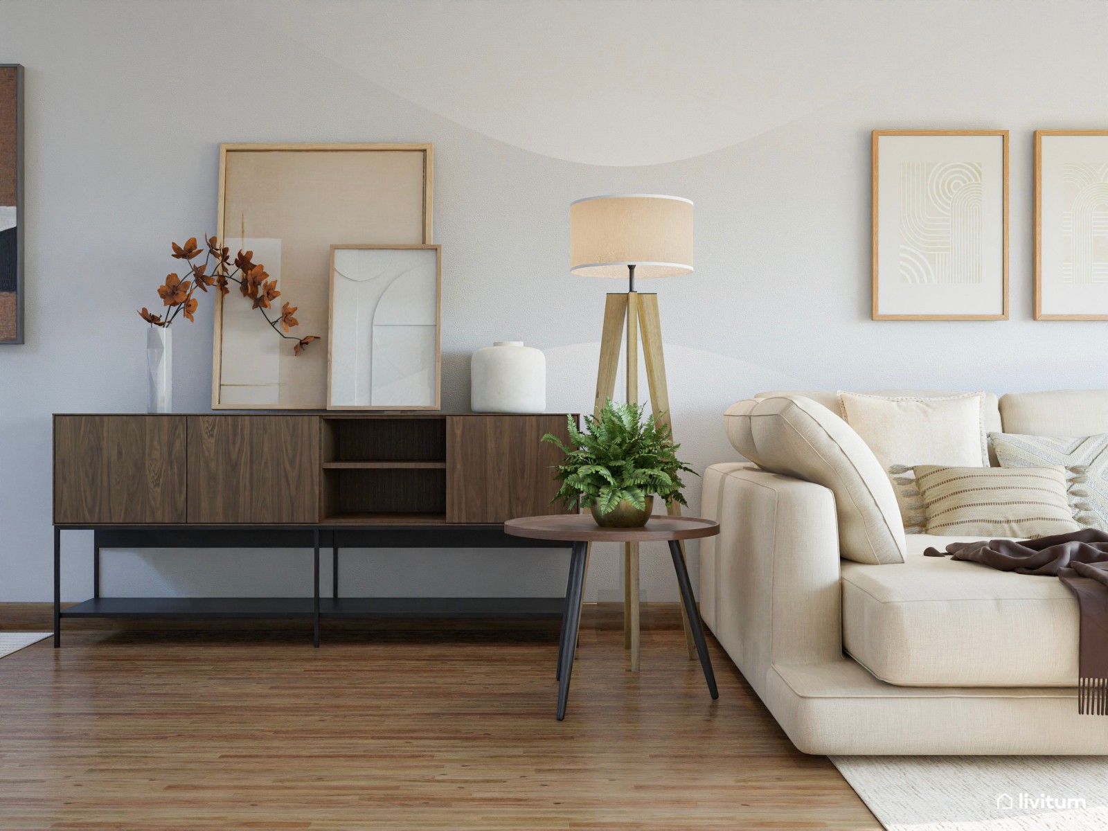Salón comedor moderno en tonos sobrios y elegantes con muebles de madera oscura