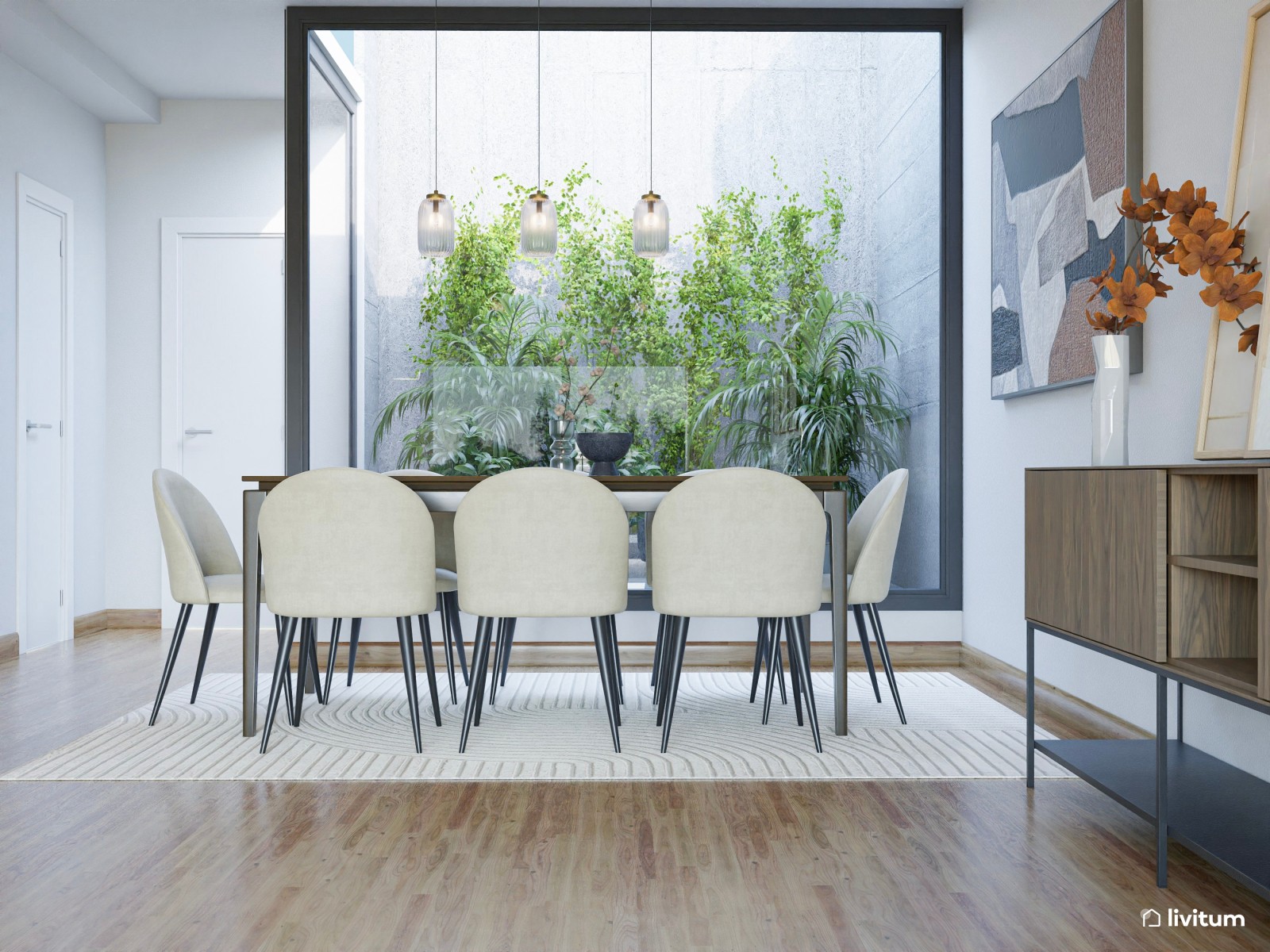 Salón comedor moderno en tonos sobrios y elegantes con muebles de madera oscura