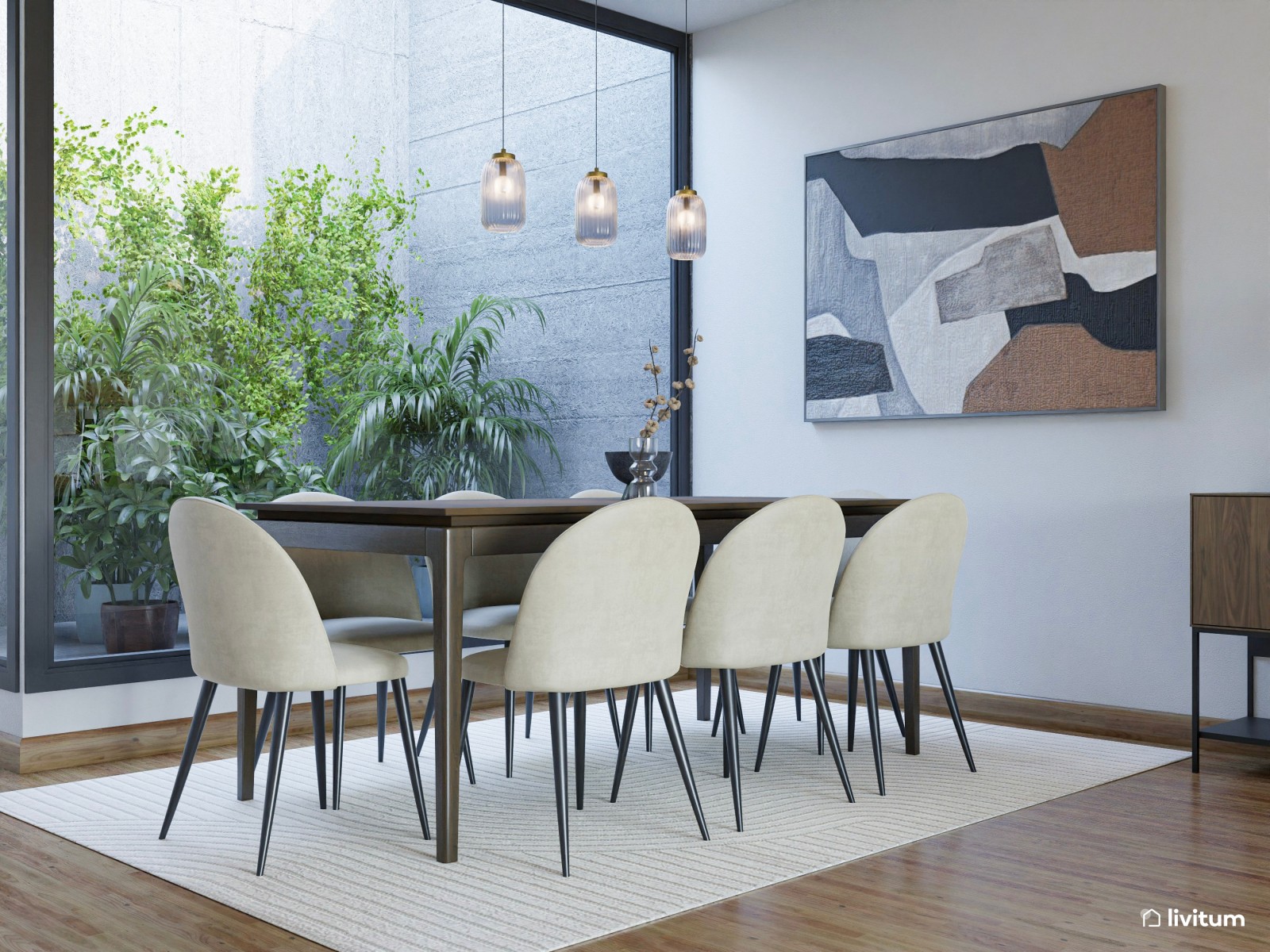 Salón comedor moderno en tonos sobrios y elegantes con muebles de madera oscura
