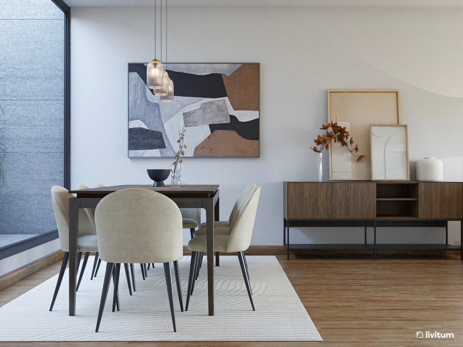 Salón comedor moderno en tonos sobrios y elegantes con muebles de madera oscura