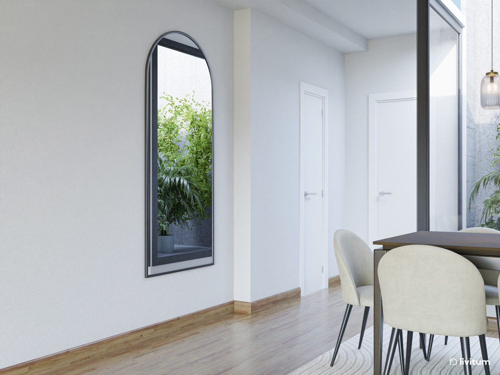 Salón comedor moderno en tonos sobrios y elegantes con muebles de madera oscura