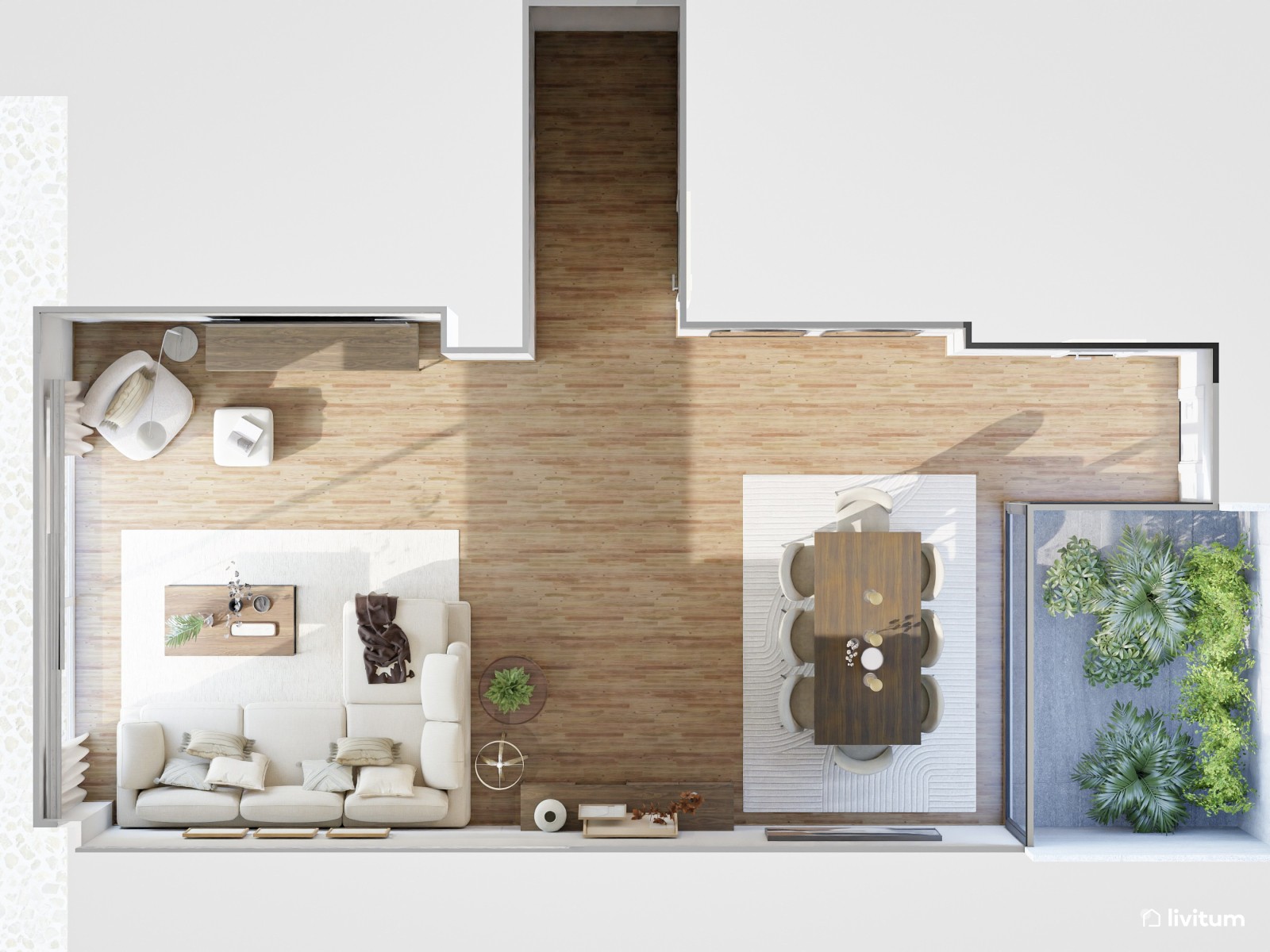 Salón comedor moderno en tonos sobrios y elegantes con muebles de madera oscura