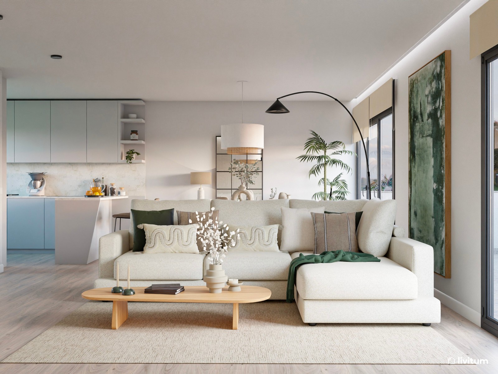 Salón comedor moderno nórdico con sofá esquinero y toques en verde jade