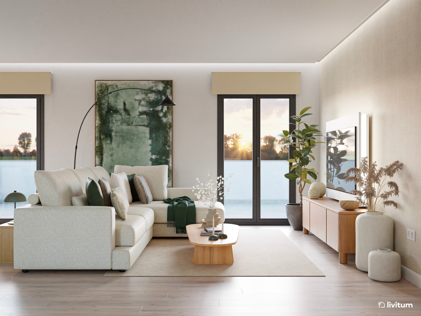 Salón comedor moderno nórdico con sofá esquinero y toques en verde jade