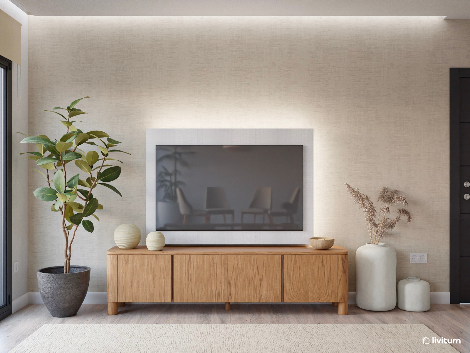 Salón comedor moderno nórdico con sofá esquinero y toques en verde jade