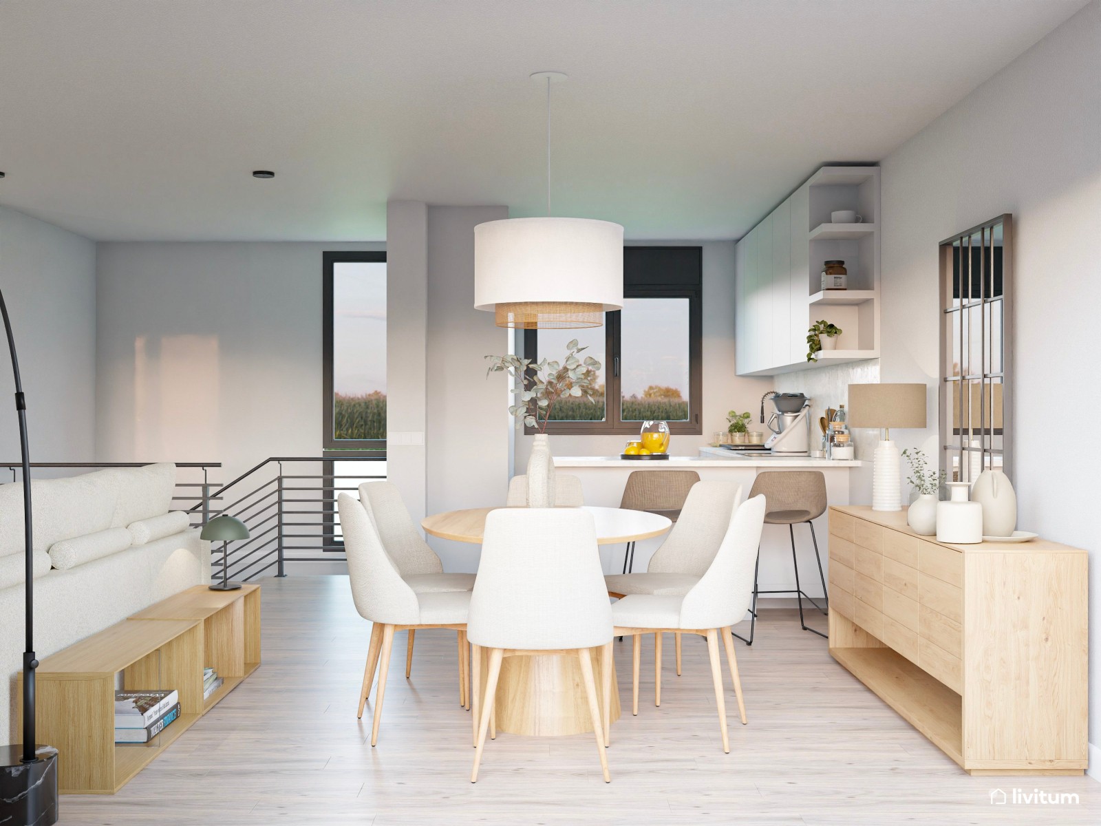 Salón comedor moderno nórdico con sofá esquinero y toques en verde jade