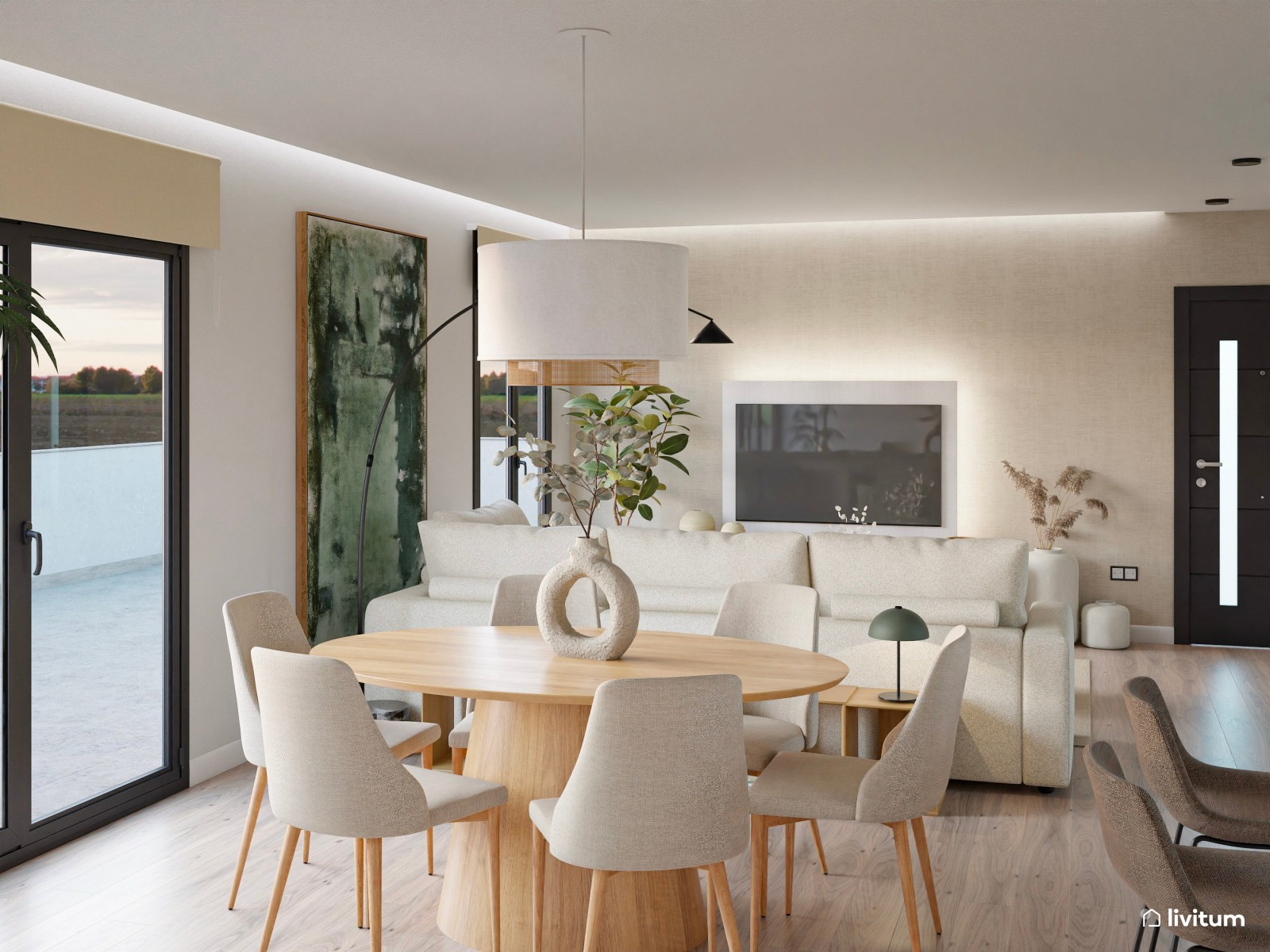 Salón comedor moderno nórdico con sofá esquinero y toques en verde jade
