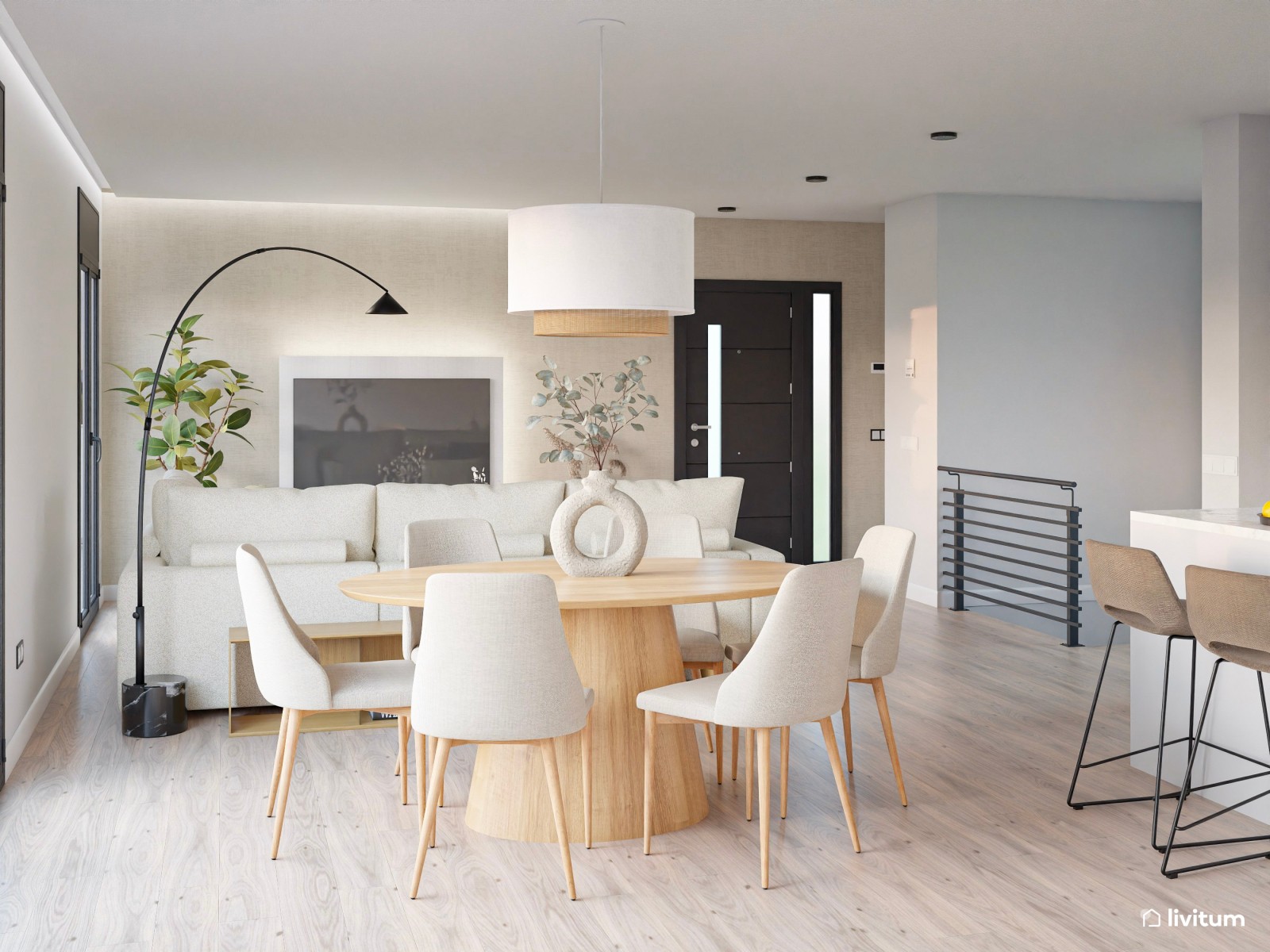 Salón comedor moderno nórdico con sofá esquinero y toques en verde jade