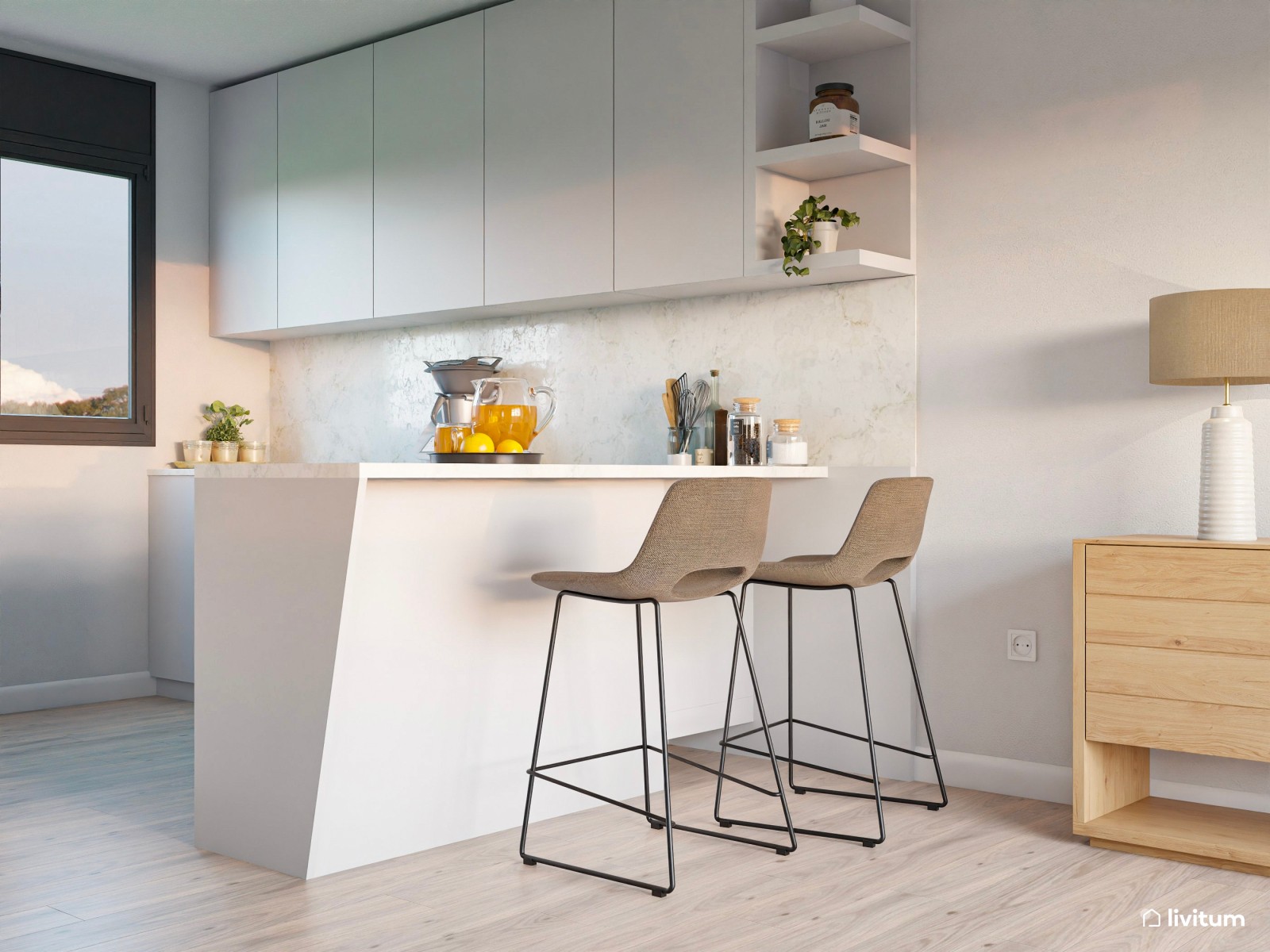 Salón comedor moderno nórdico con sofá esquinero y toques en verde jade