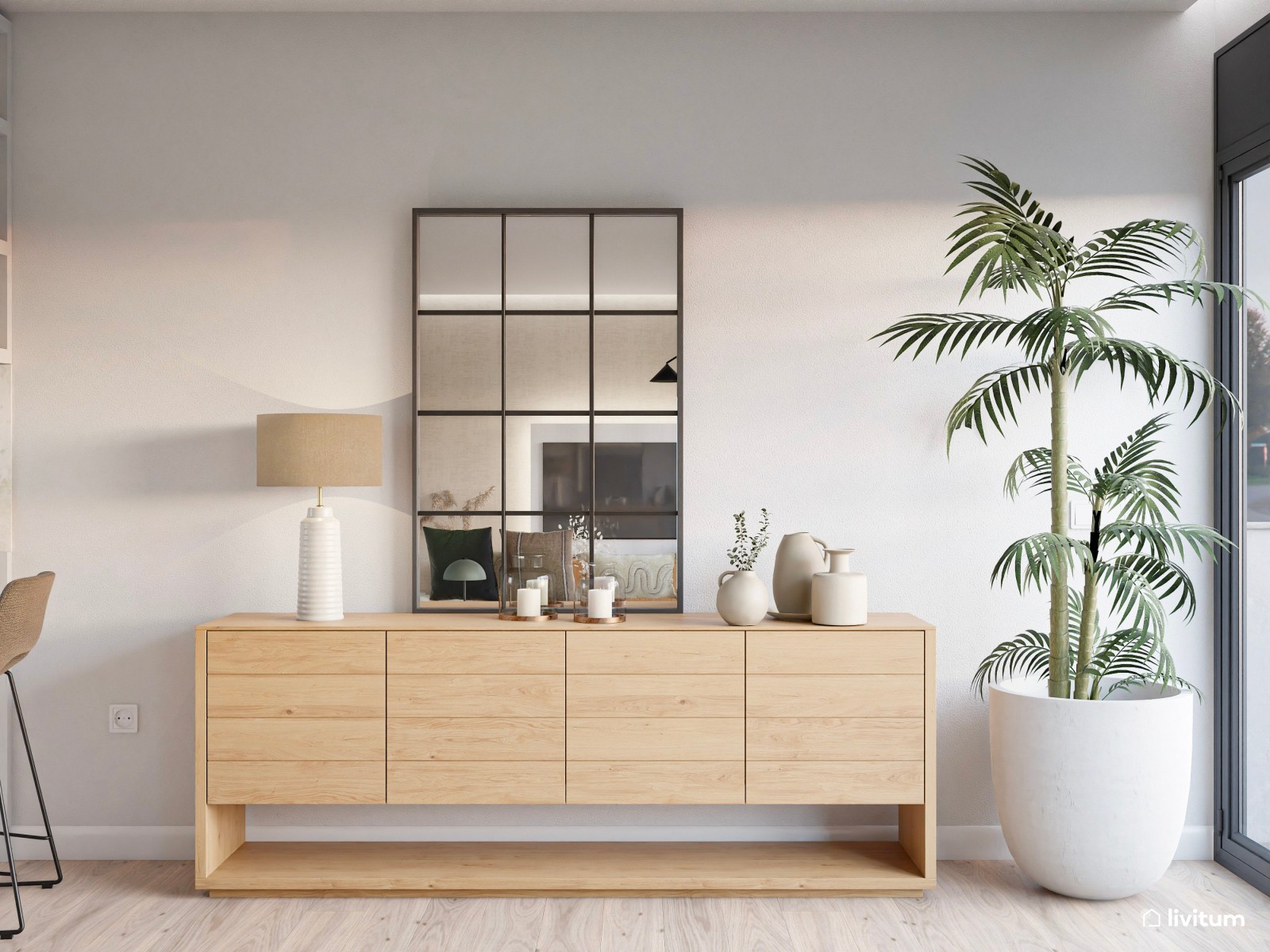 Salón comedor moderno nórdico con sofá esquinero y toques en verde jade