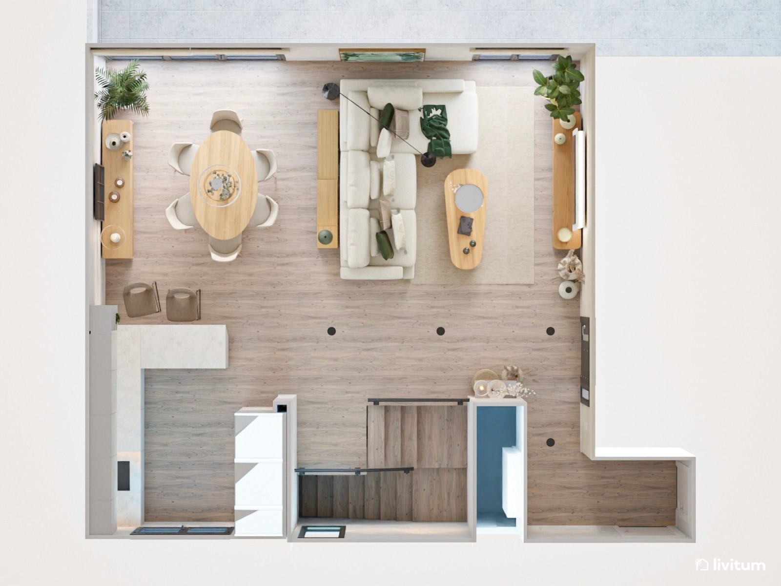 Salón comedor moderno nórdico con sofá esquinero y toques en verde jade