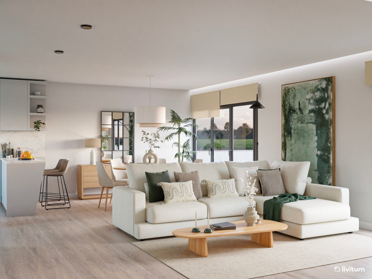 Salón comedor moderno nórdico con sofá esquinero y toques en verde jade
