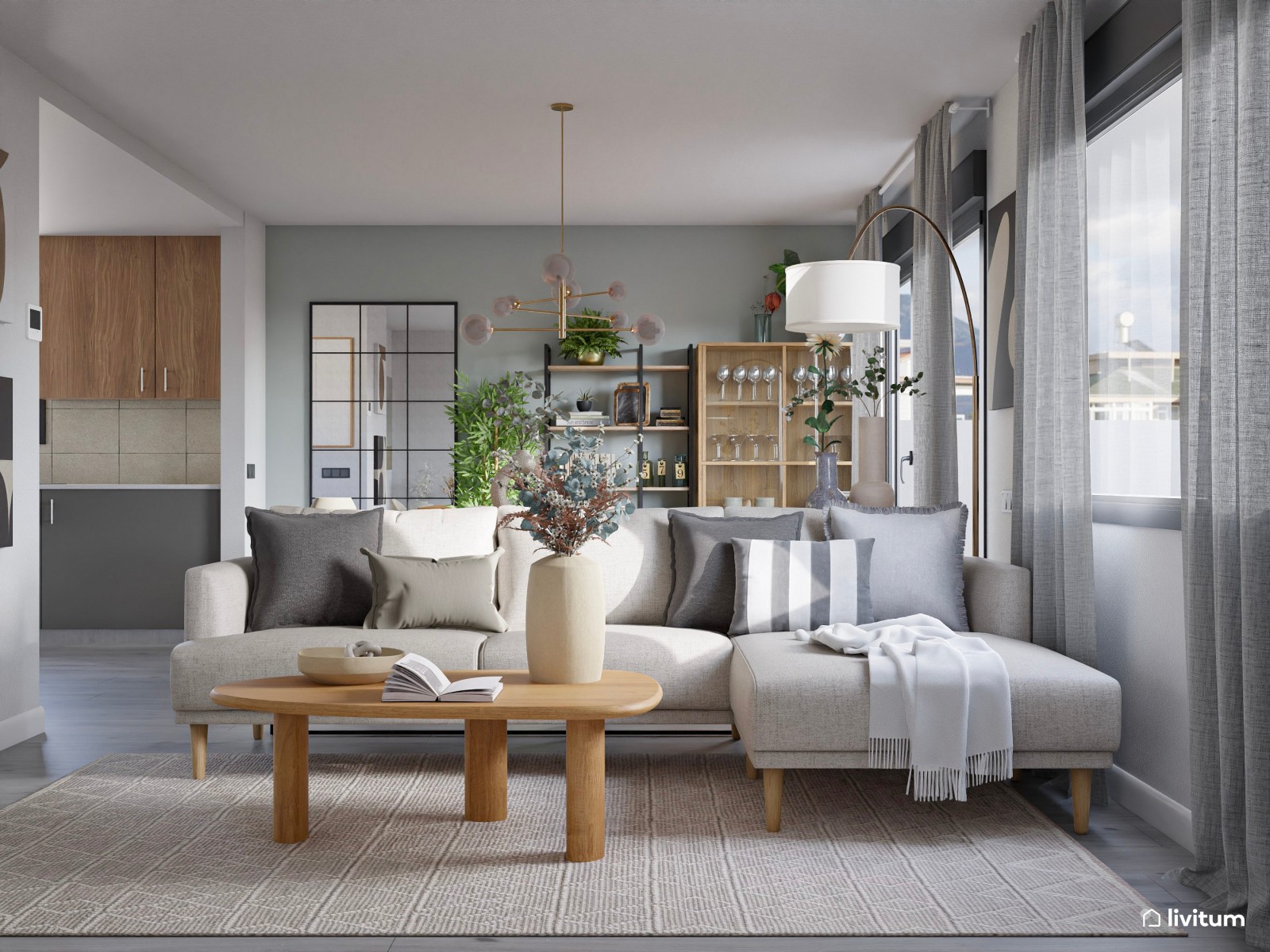 Salón comedor moderno nórdico en gris suave y madera