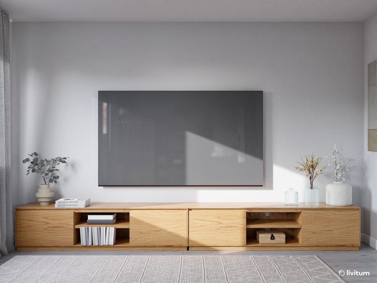 Salón comedor moderno nórdico en gris suave y madera