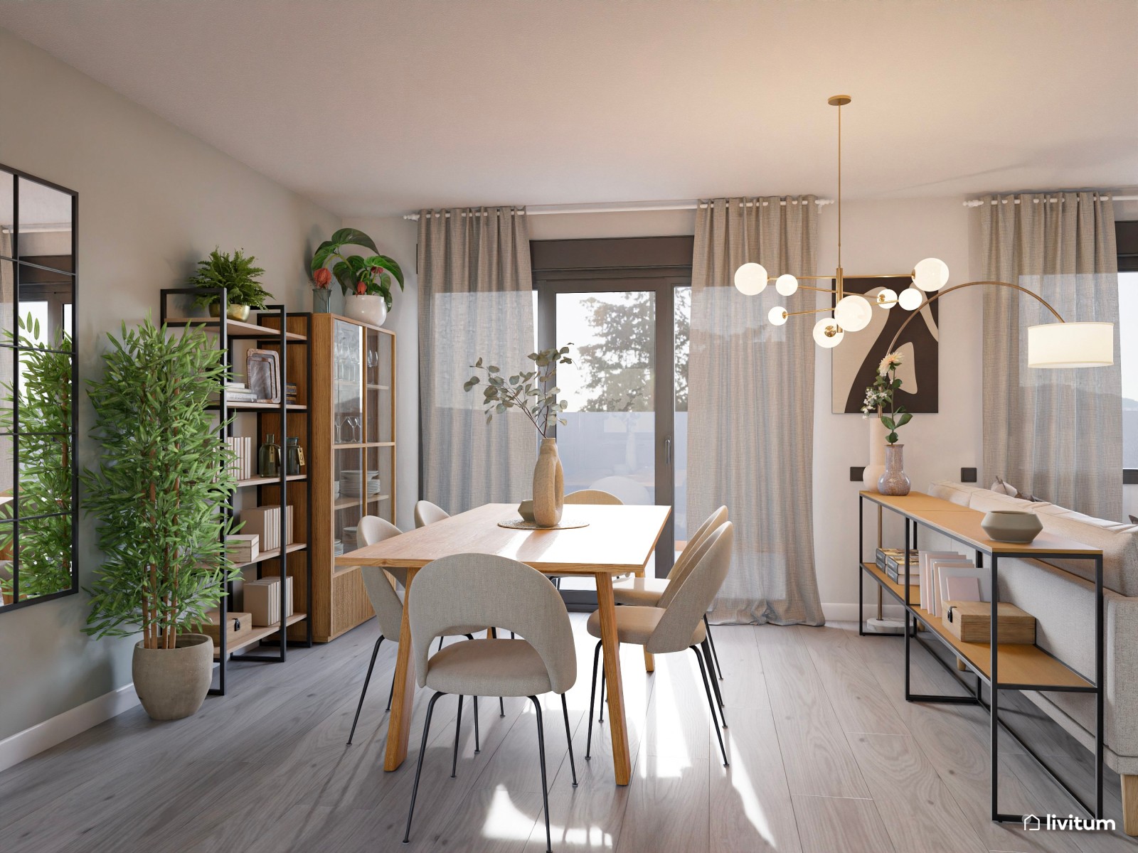 Salón comedor moderno nórdico en gris suave y madera