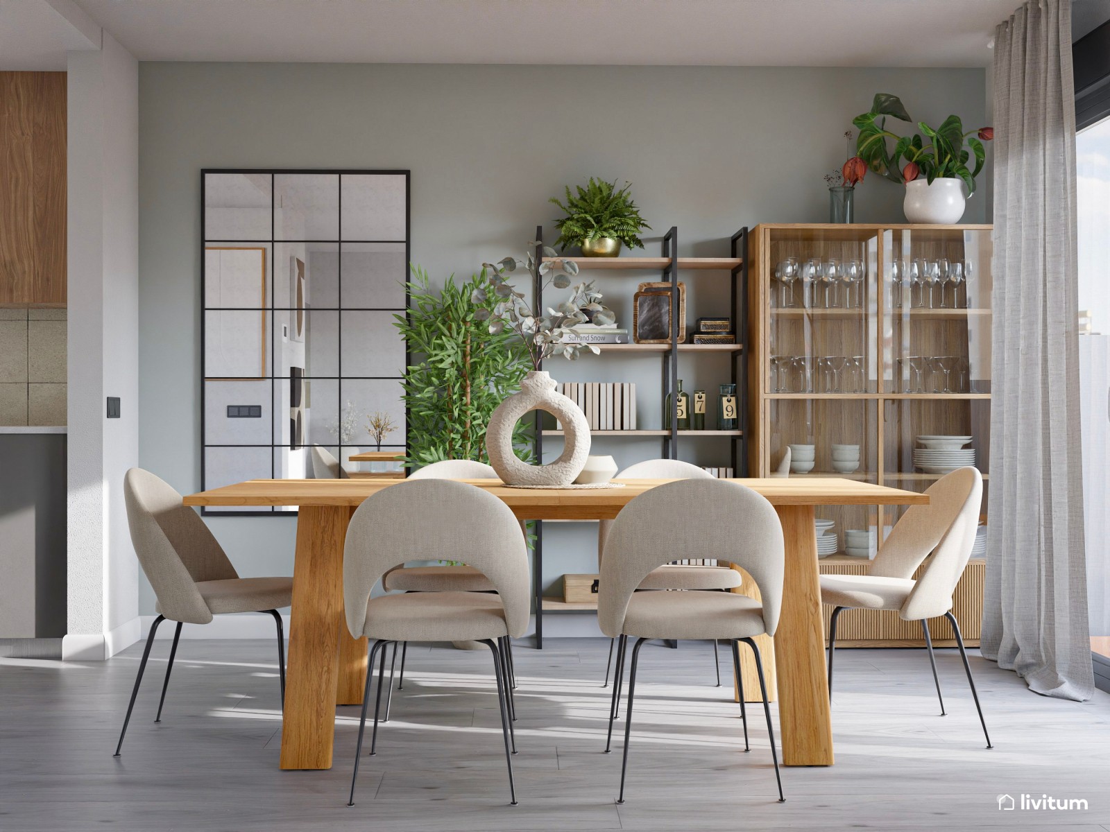 Salón comedor moderno nórdico en gris suave y madera